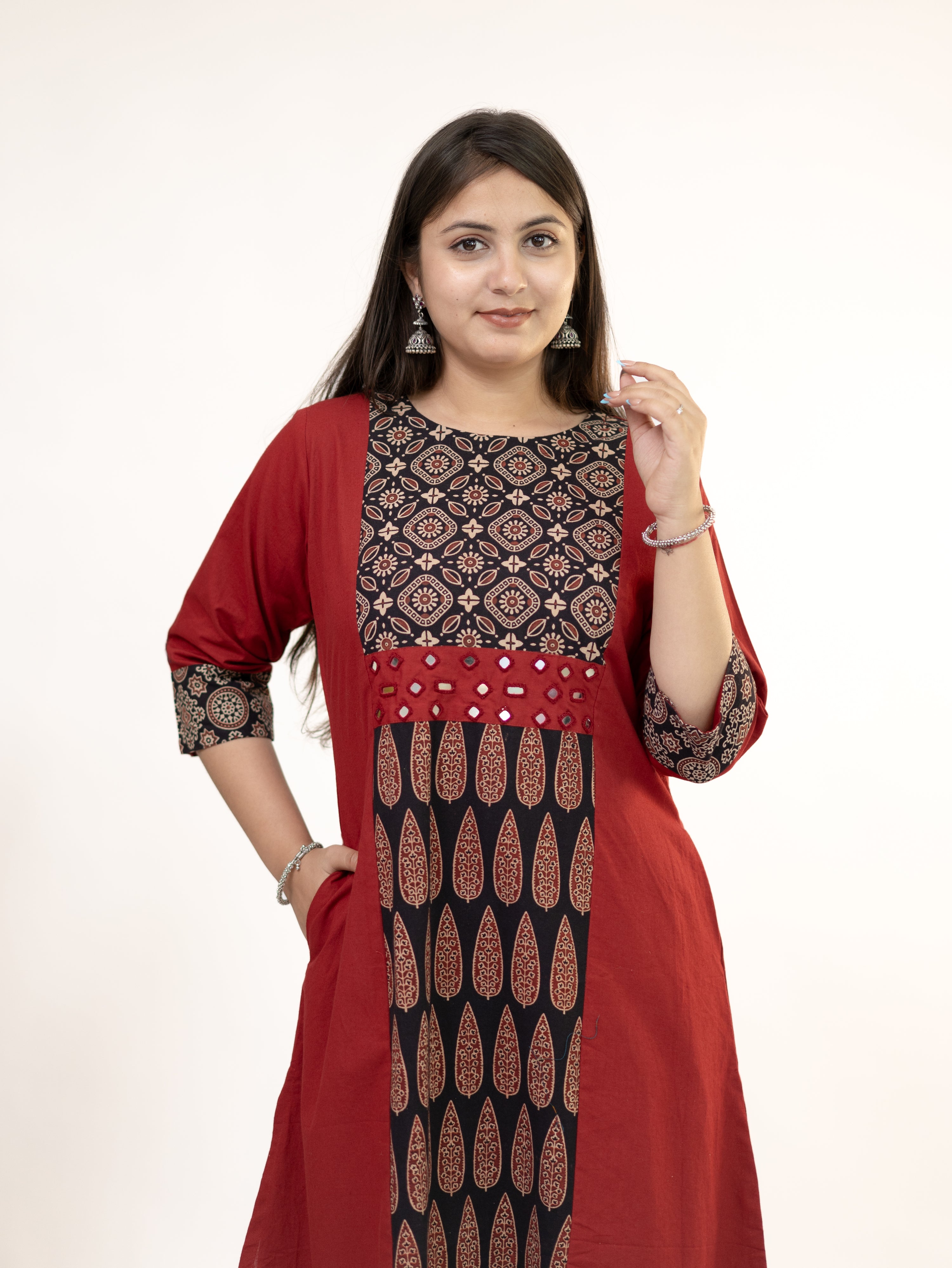 Heemali Red Cotton Ajrakh Kutch Embroidered Kurta Set