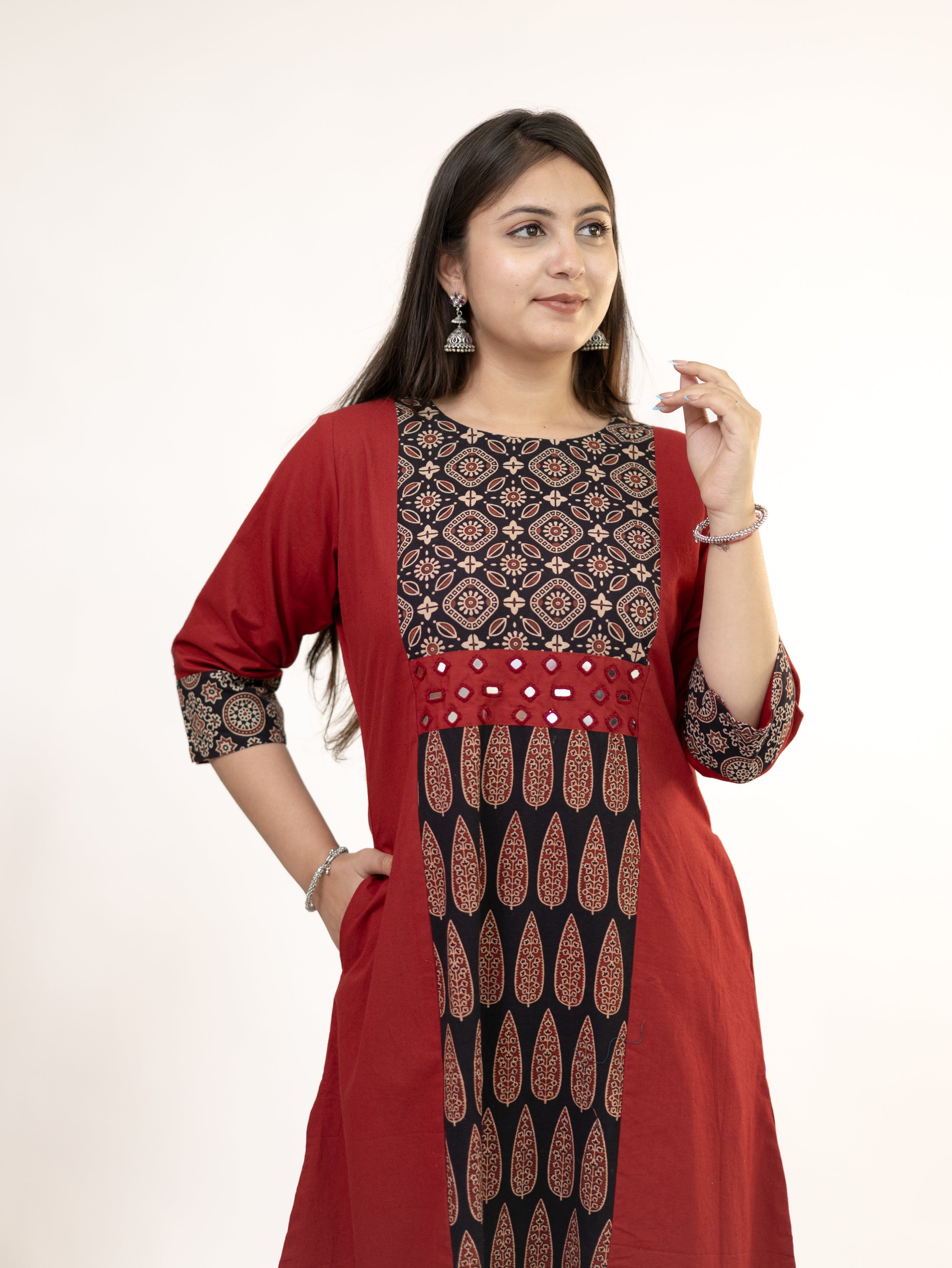 Heemali Red Cotton Ajrakh Kutch Embroidered Kurta Set