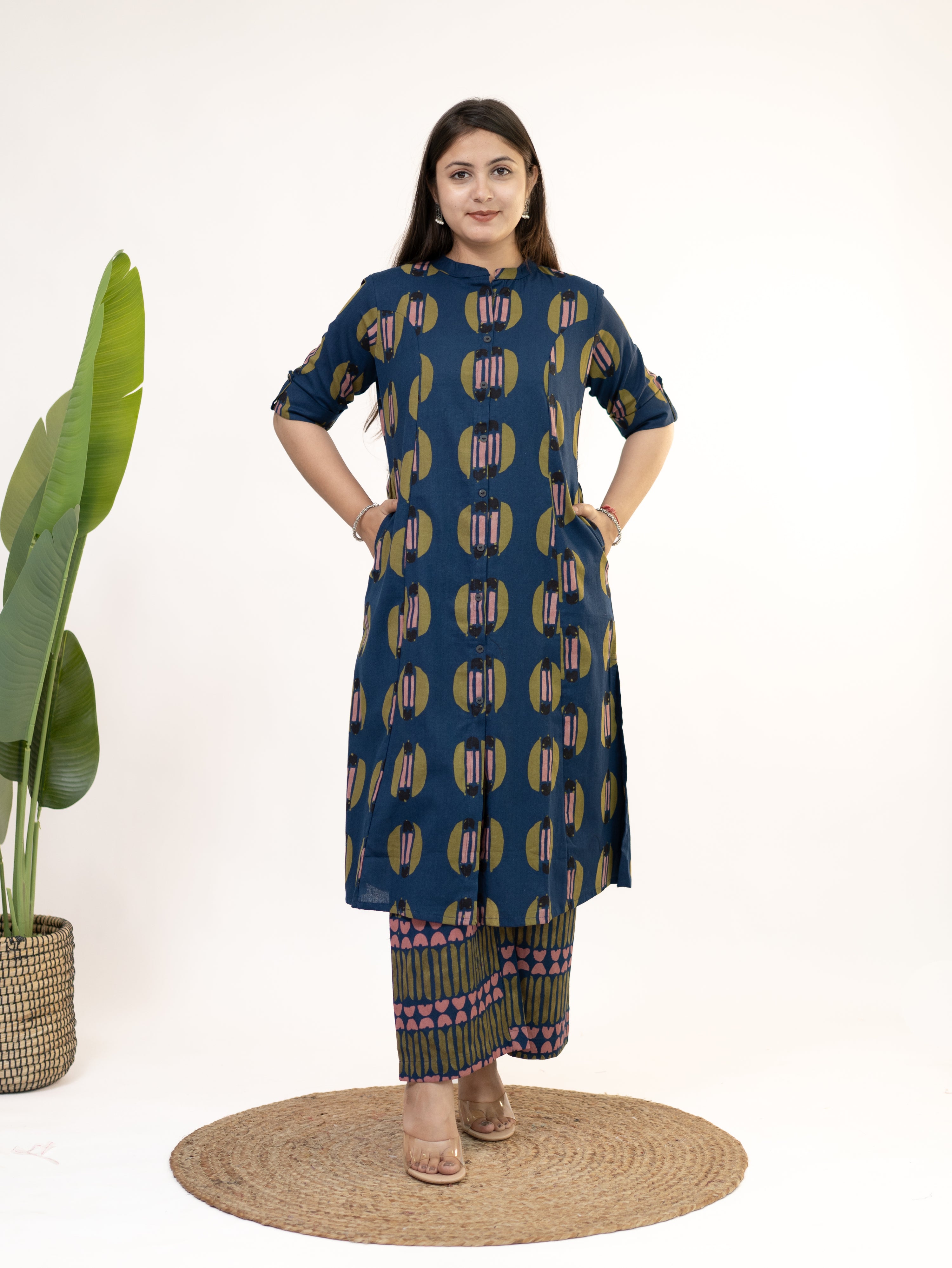 Ishani Navy Blue Cotton A-line Kurta Set