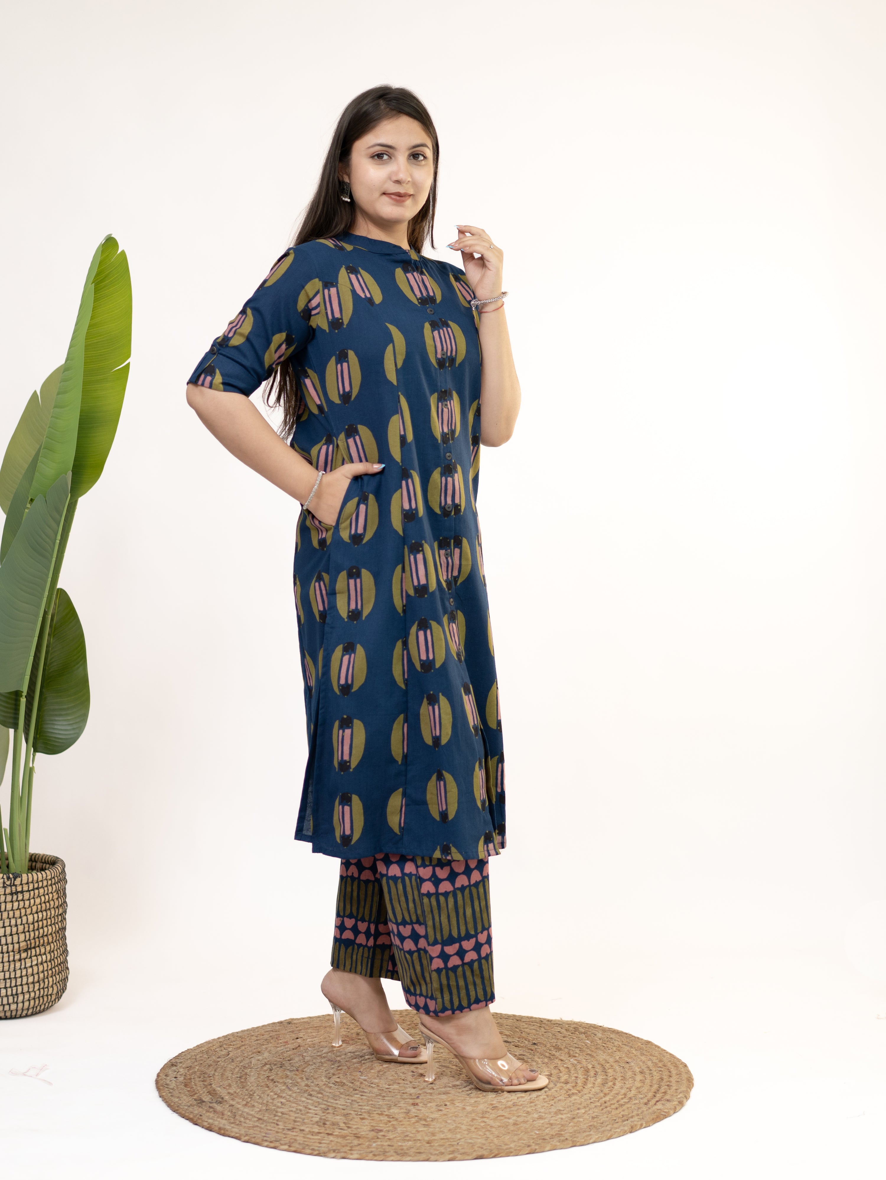Ishani Navy Blue Cotton A-line Kurta Set