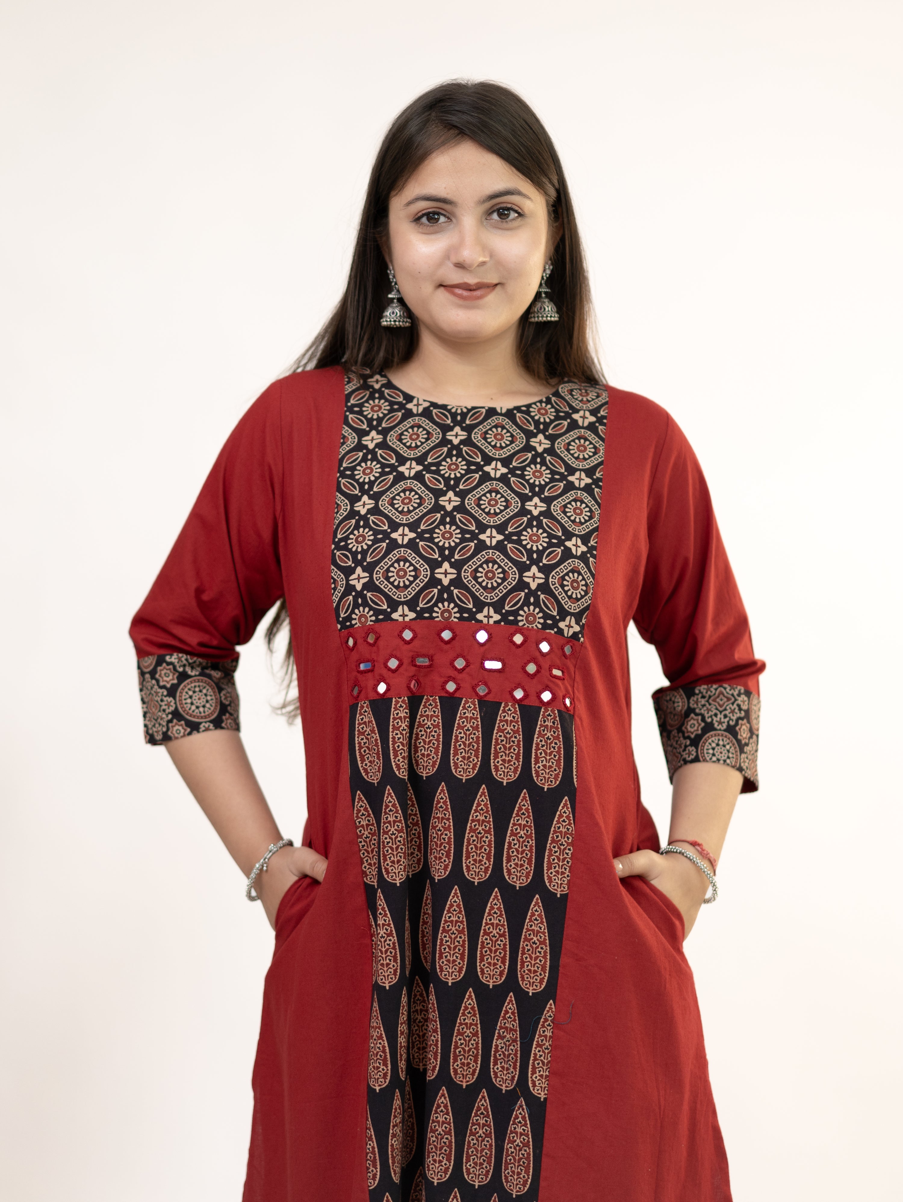 Heemali Red Cotton Ajrakh Kutch Embroidered Kurta Set