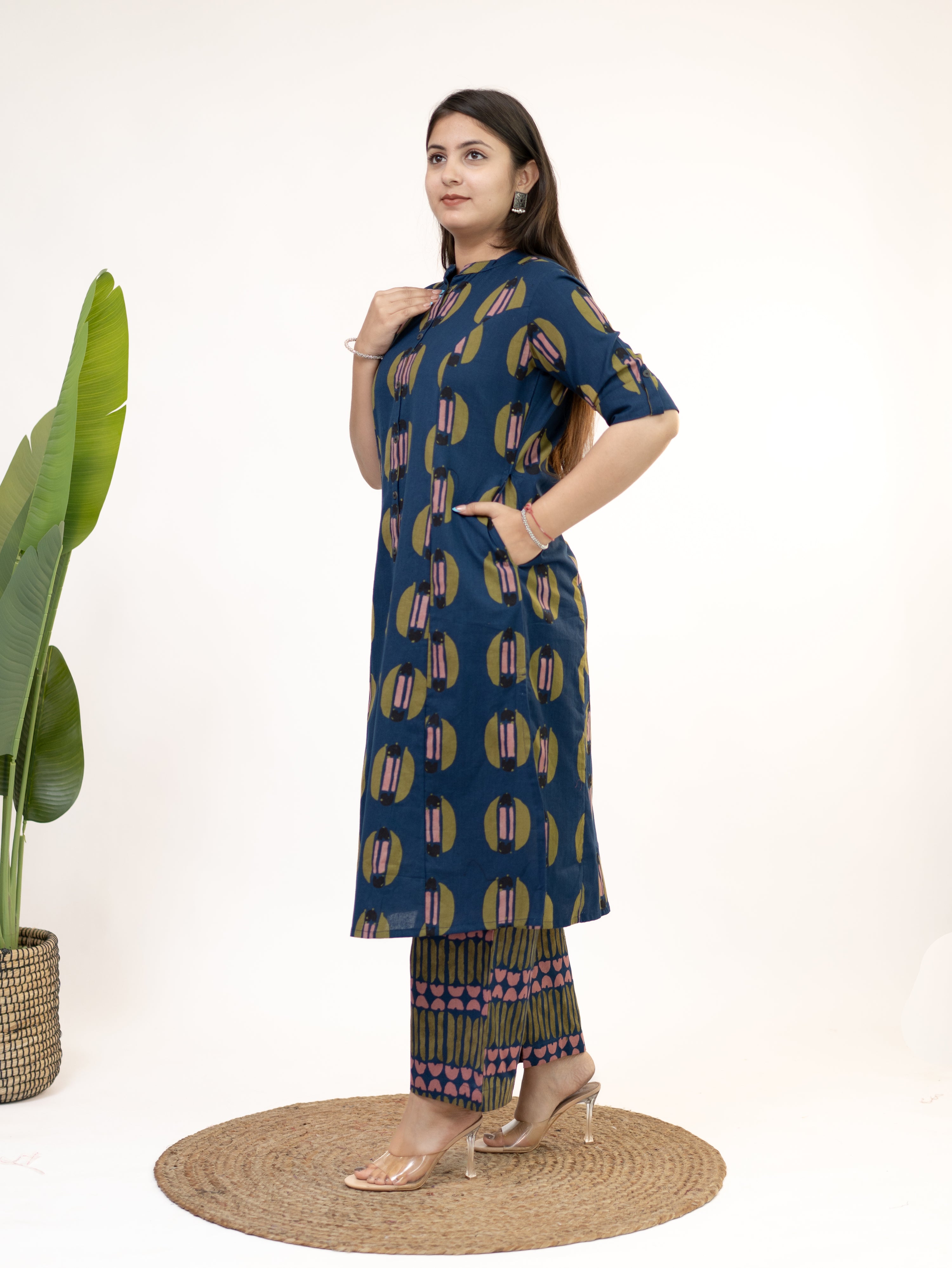 Ishani Navy Blue Cotton A-line Kurta Set