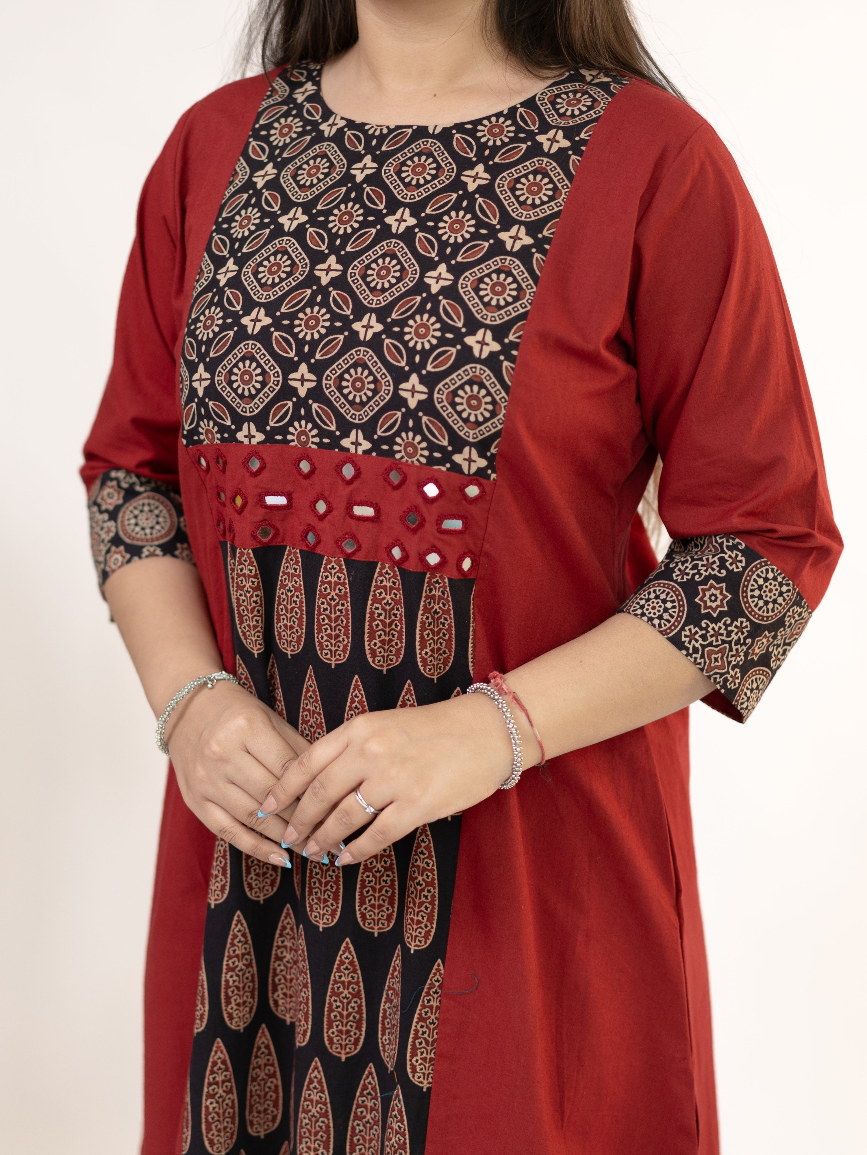 Heemali Red Cotton Ajrakh Kutch Embroidered Kurta Set