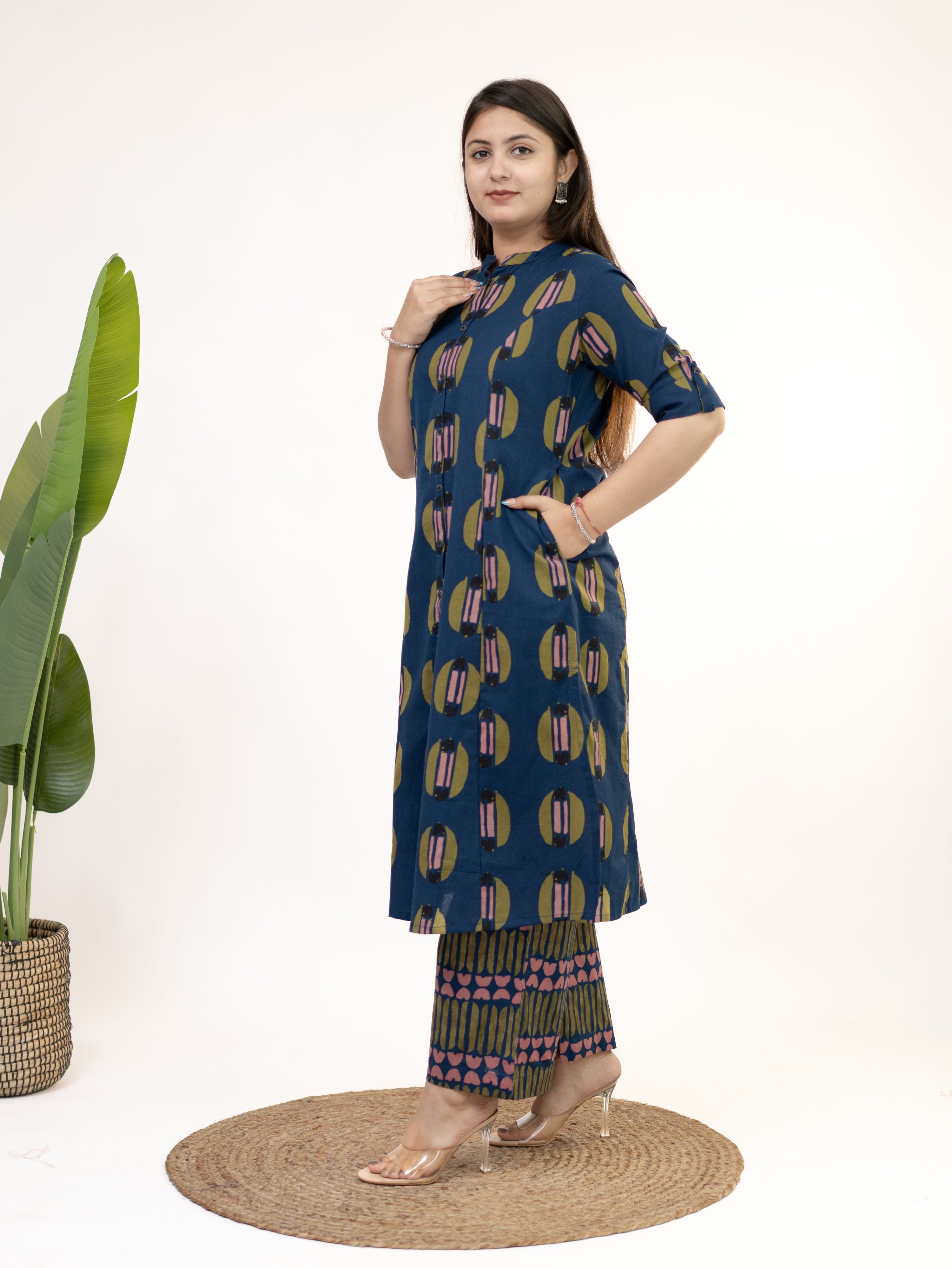 Ishani Navy Blue Cotton A-line Kurta Set