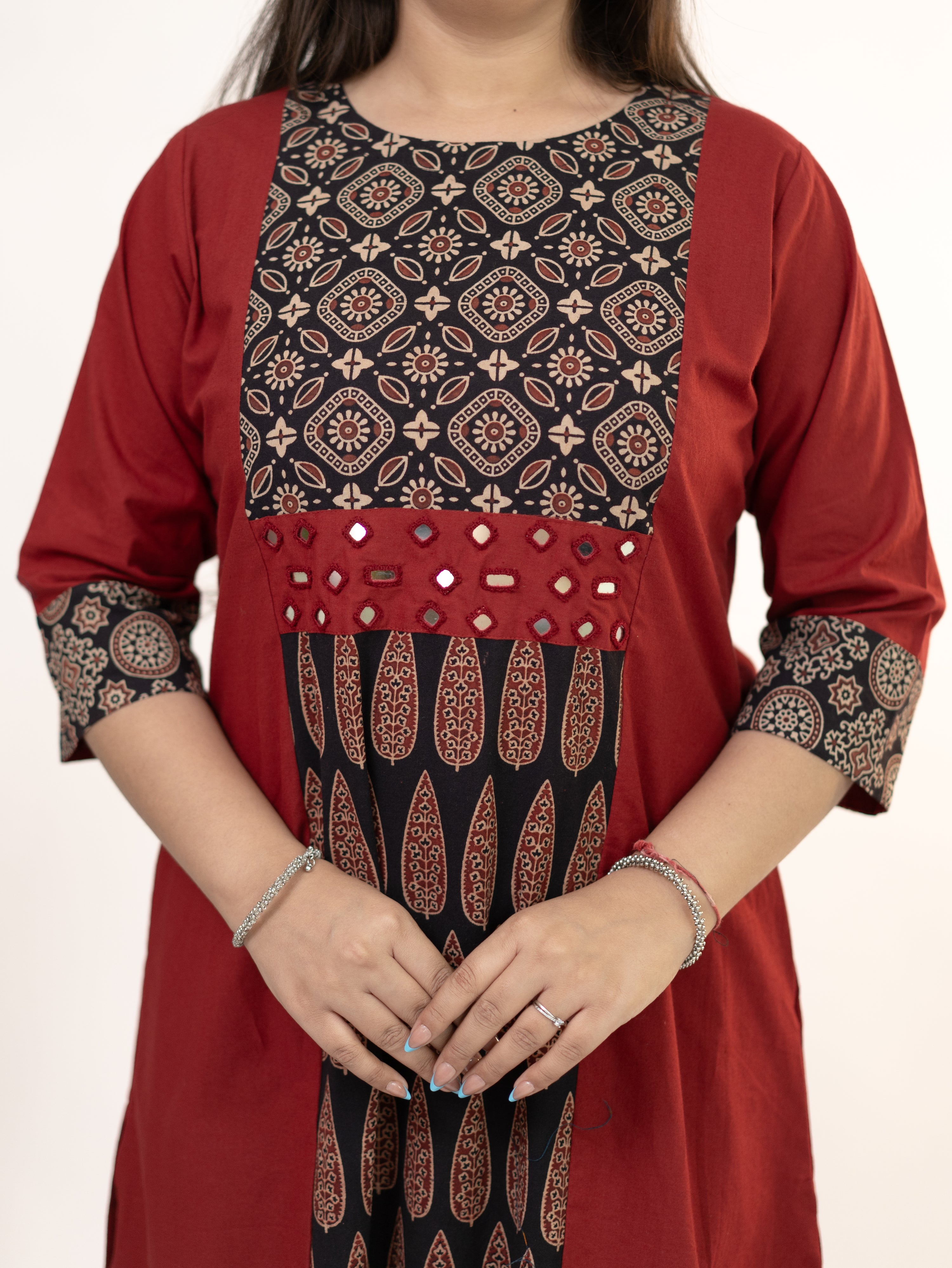Heemali Red Cotton Ajrakh Kutch Embroidered Kurta Set