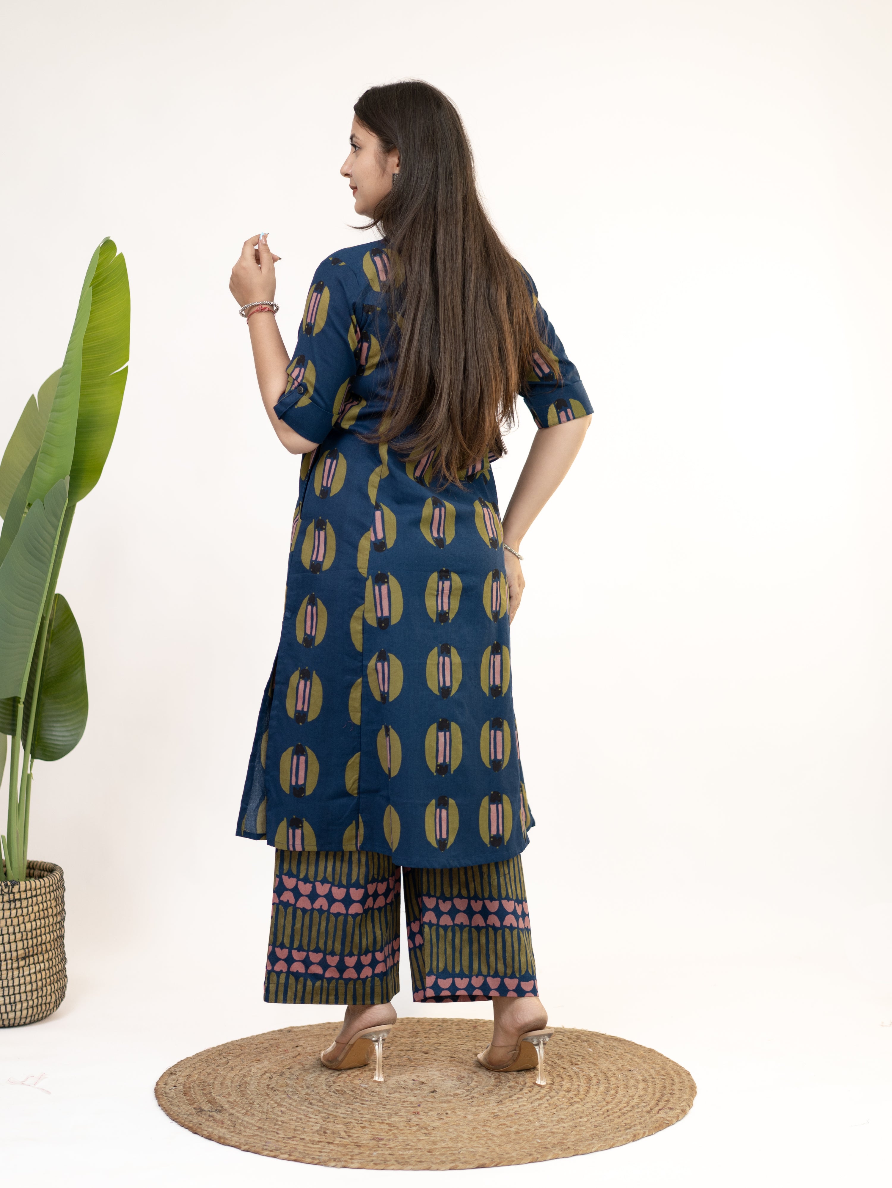 Ishani Navy Blue Cotton A-line Kurta Set