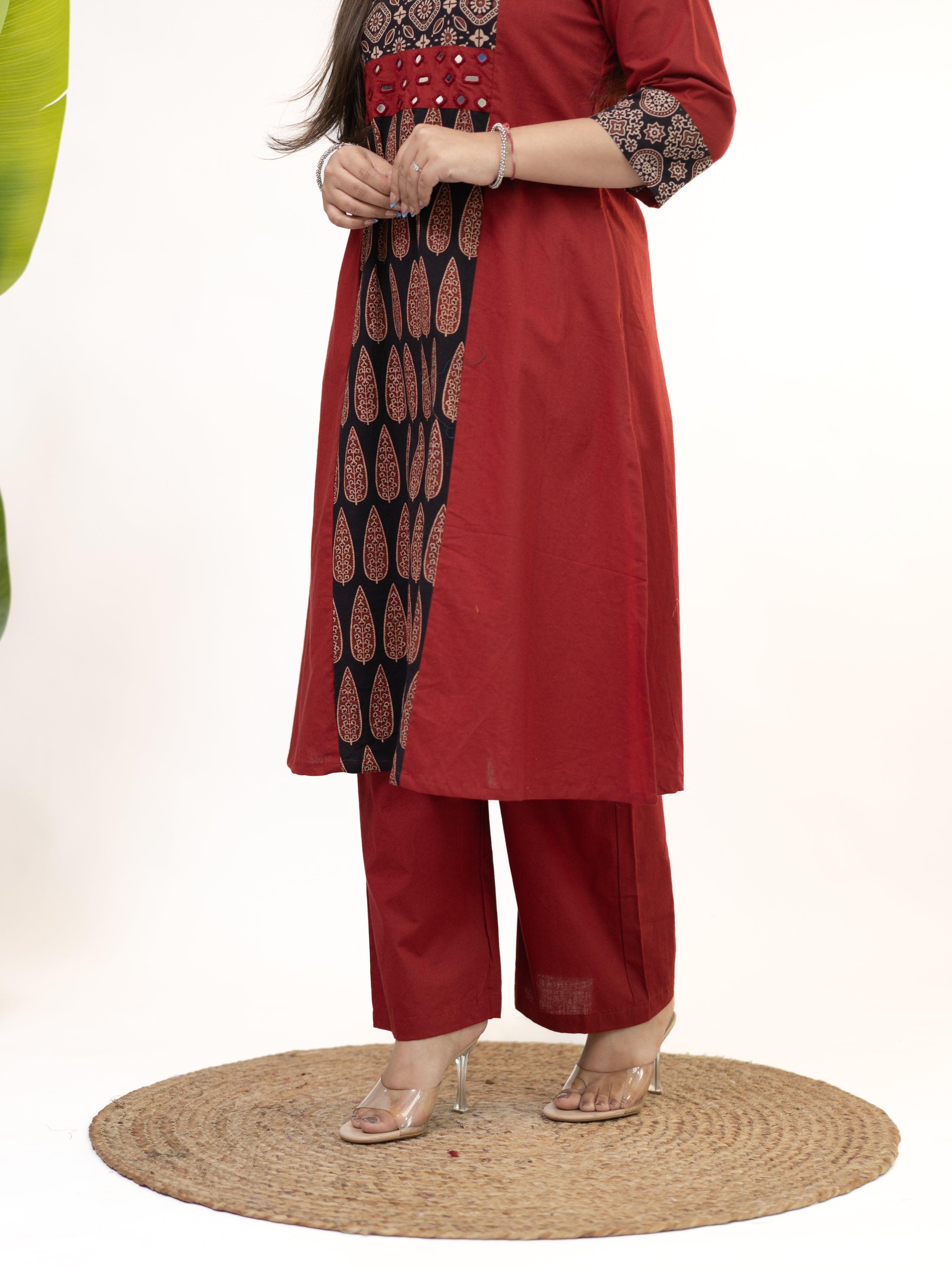 Heemali Red Cotton Ajrakh Kutch Embroidered Kurta Set