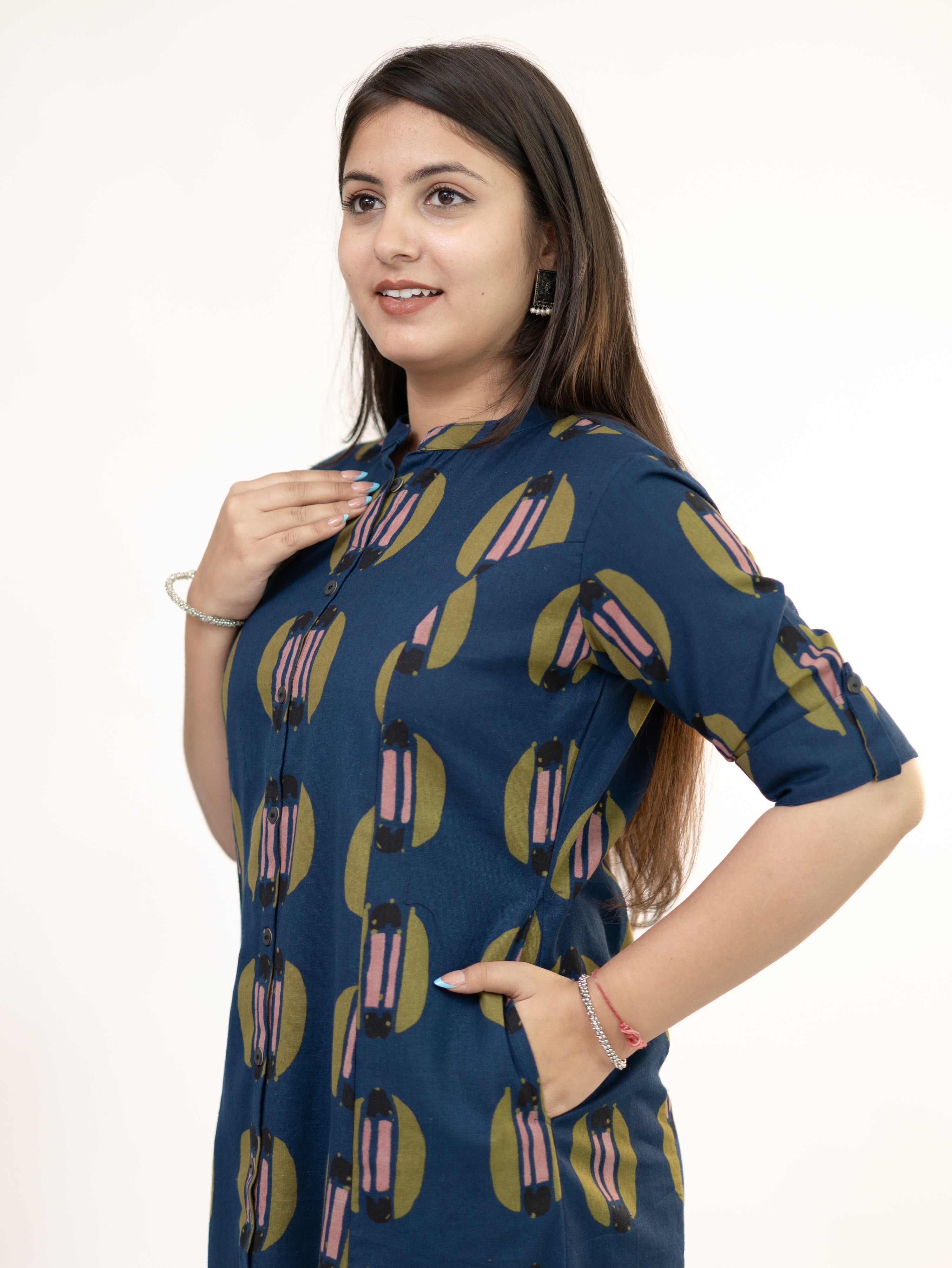 Ishani Navy Blue Cotton A-line Kurta Set