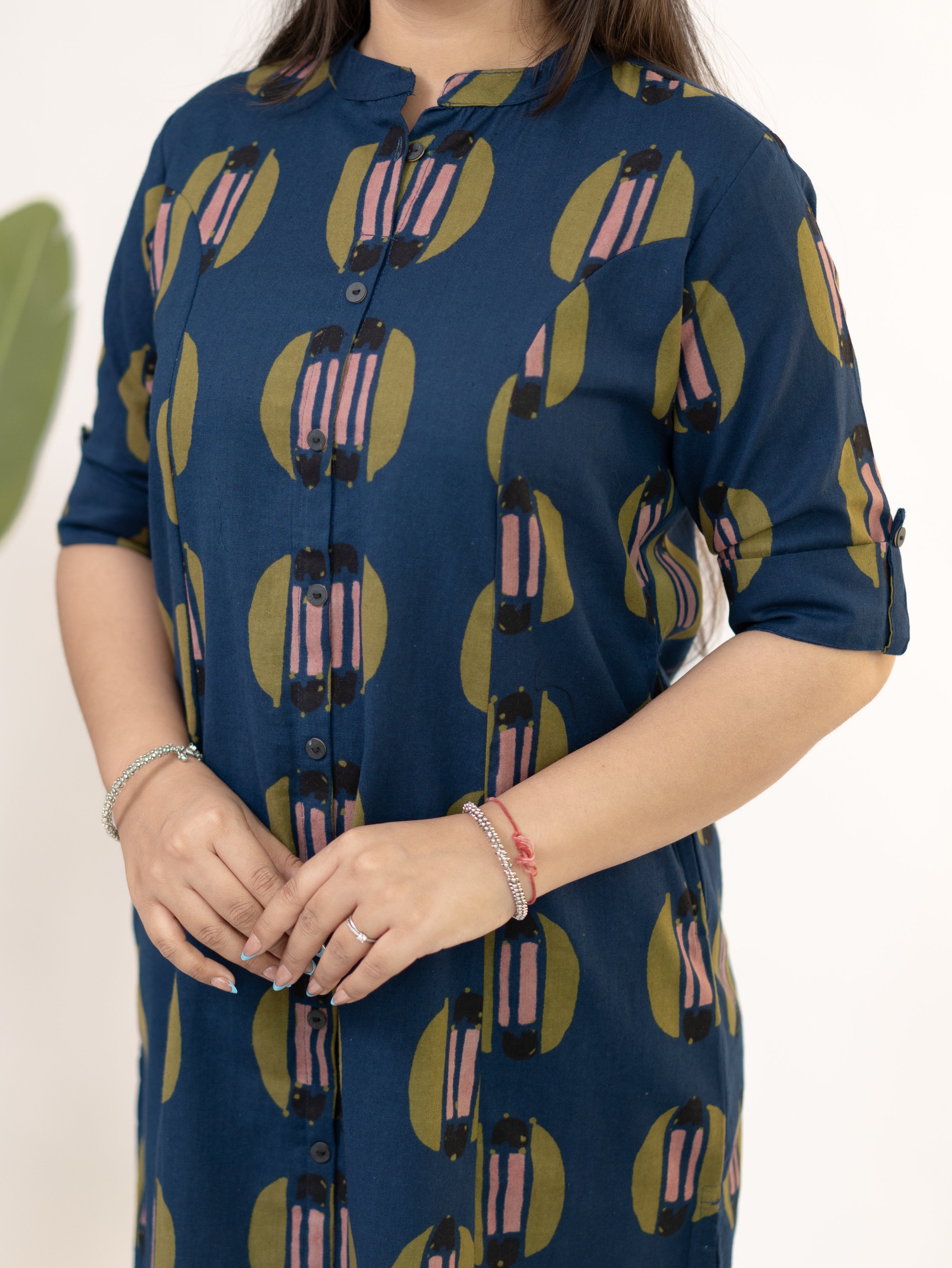 Ishani Navy Blue Cotton A-line Kurta Set
