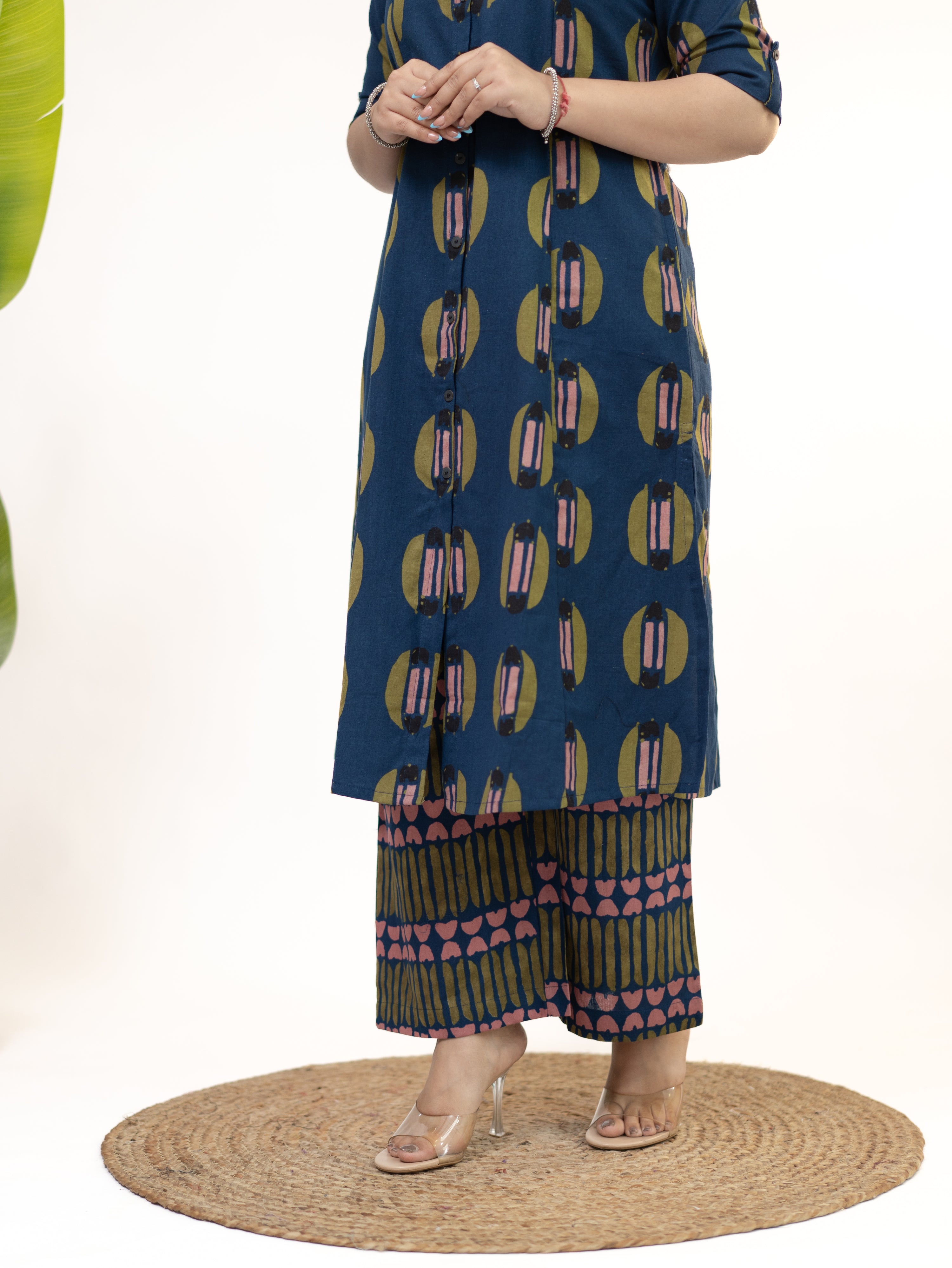 Ishani Navy Blue Cotton A-line Kurta Set