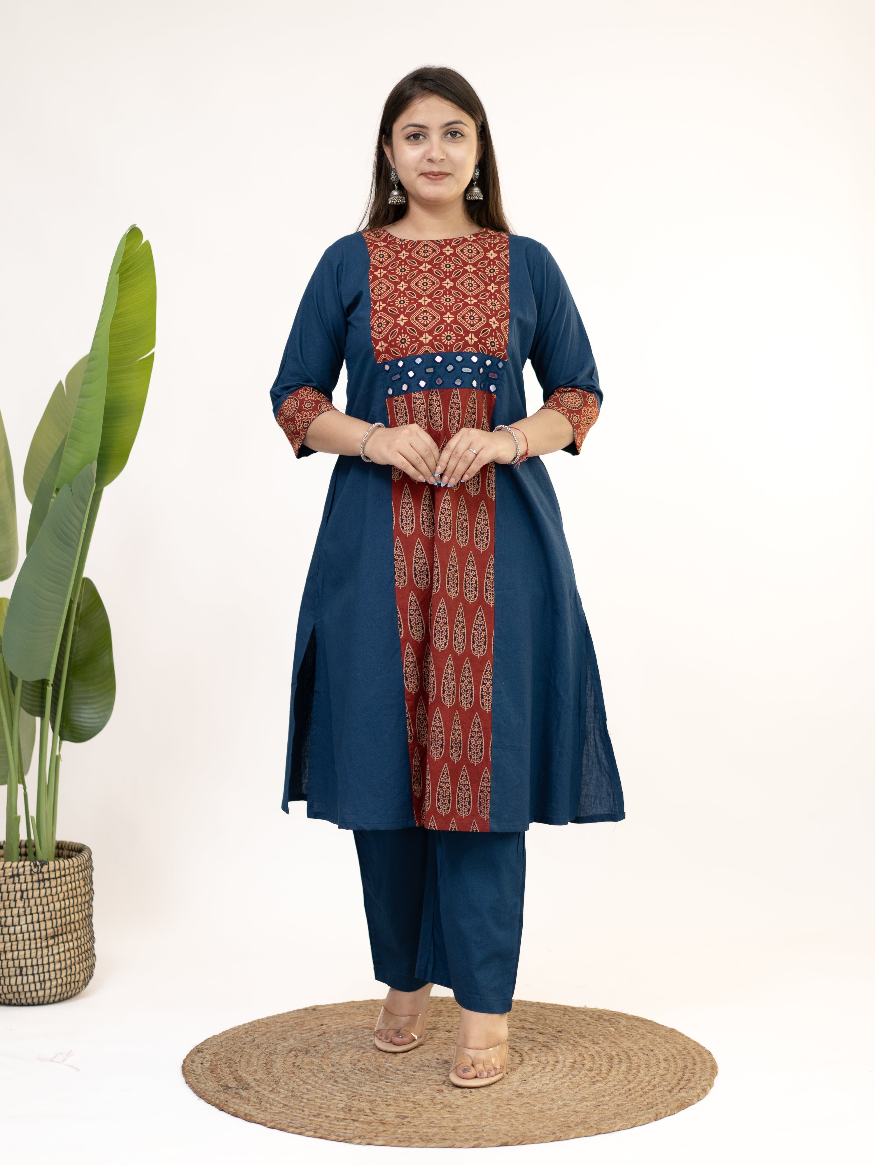 Heemali Blue Cotton Ajrakh Kutch Embroidered Kurta Set