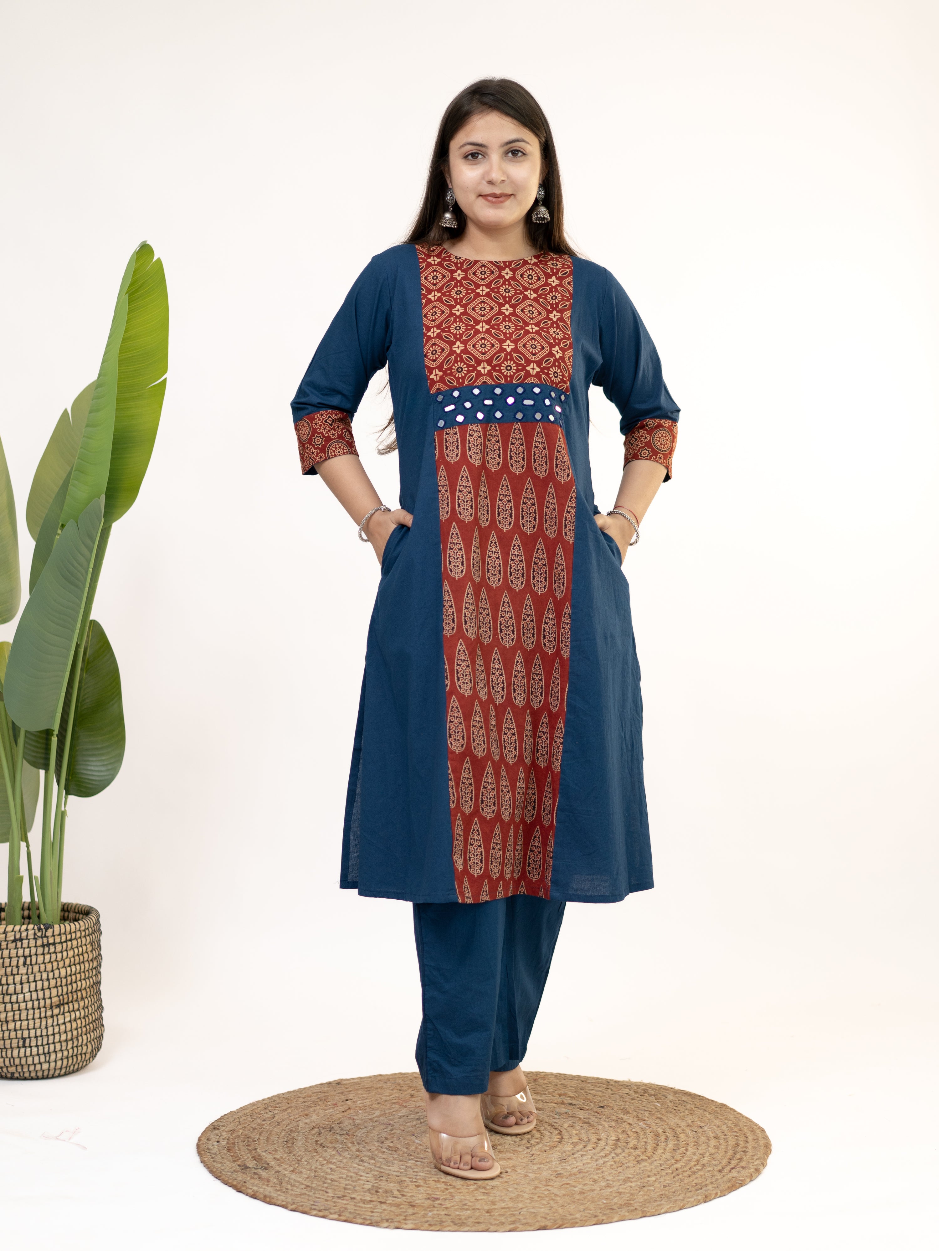 Heemali Blue Cotton Ajrakh Kutch Embroidered Kurta Set