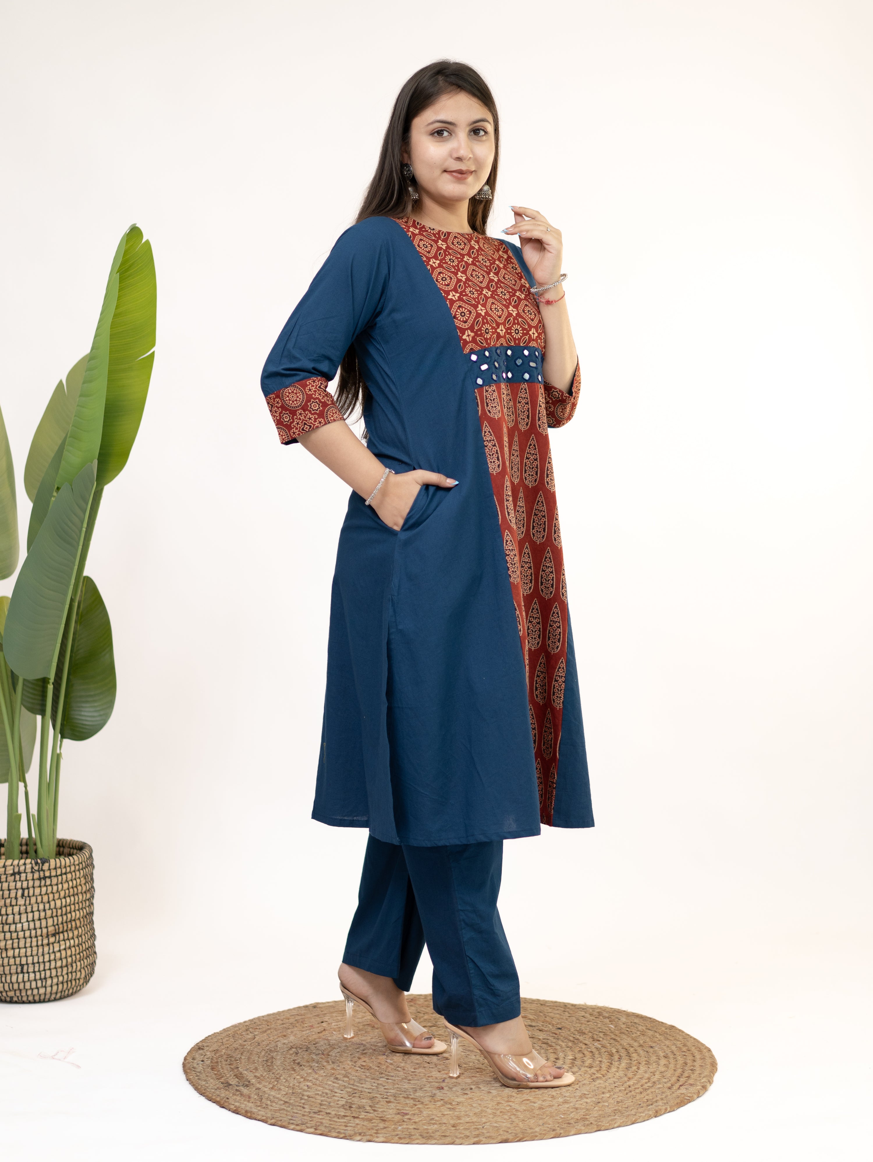 Heemali Blue Cotton Ajrakh Kutch Embroidered Kurta Set