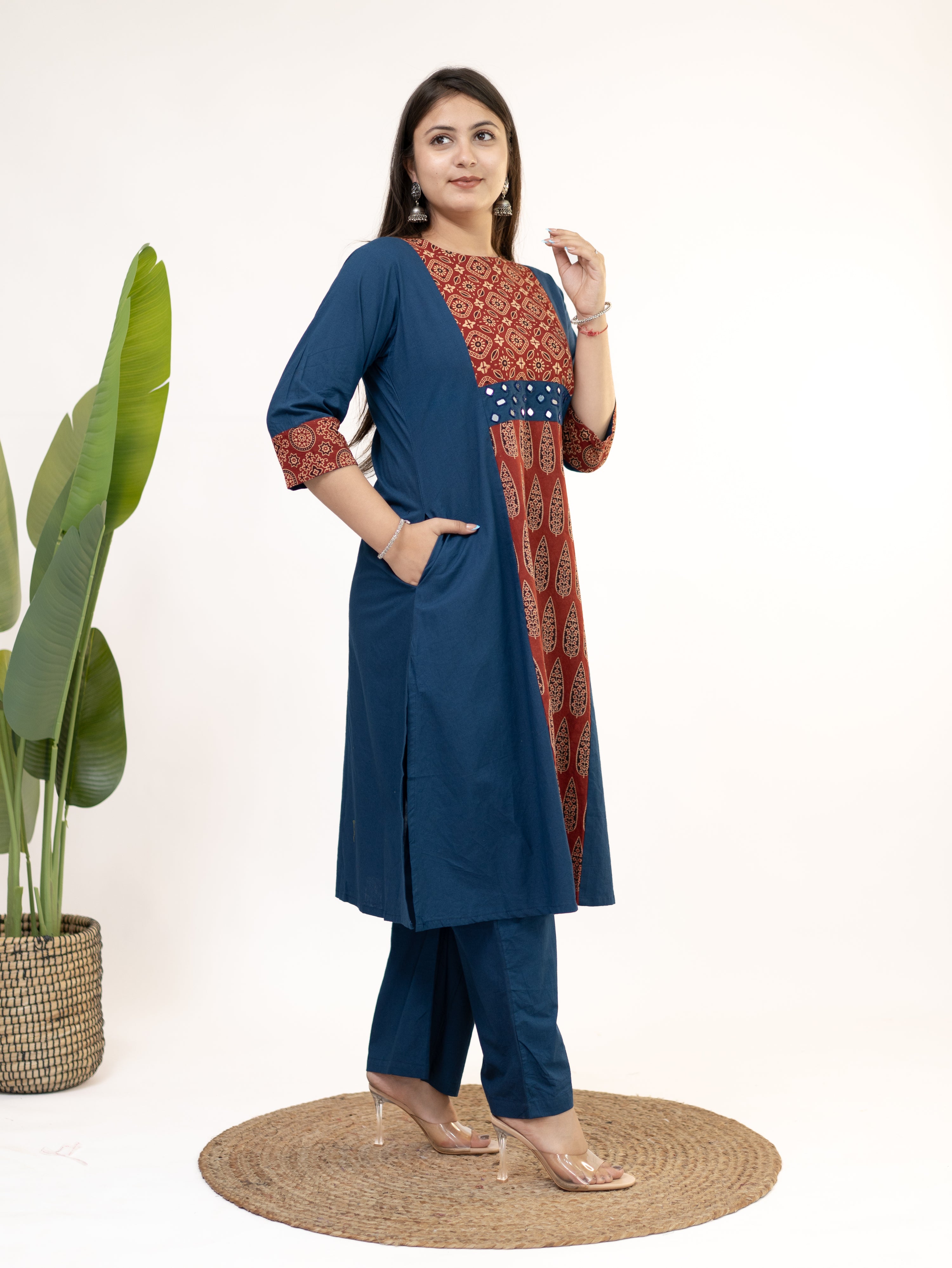 Heemali Blue Cotton Ajrakh Kutch Embroidered Kurta Set