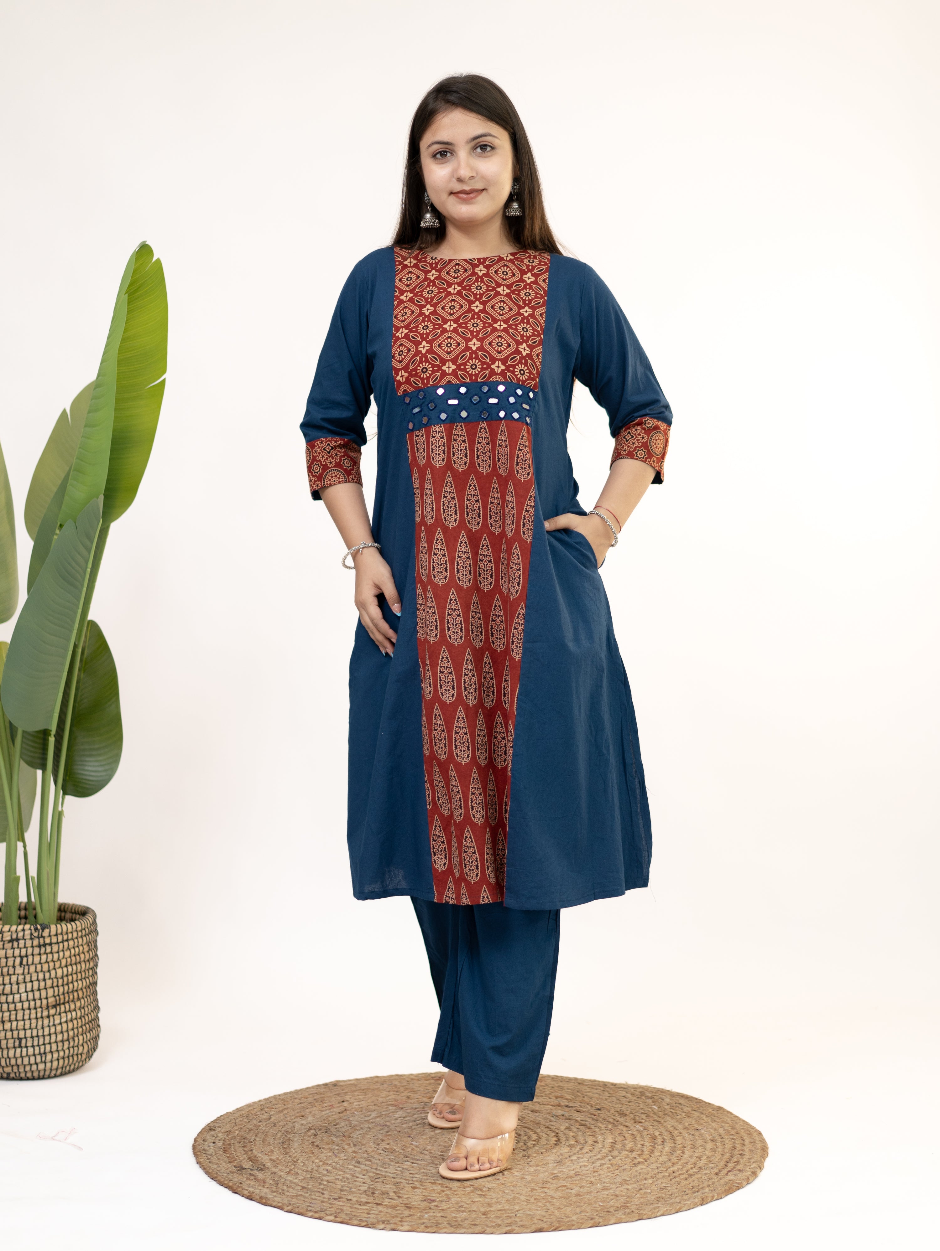 Heemali Blue Cotton Ajrakh Kutch Embroidered Kurta Set