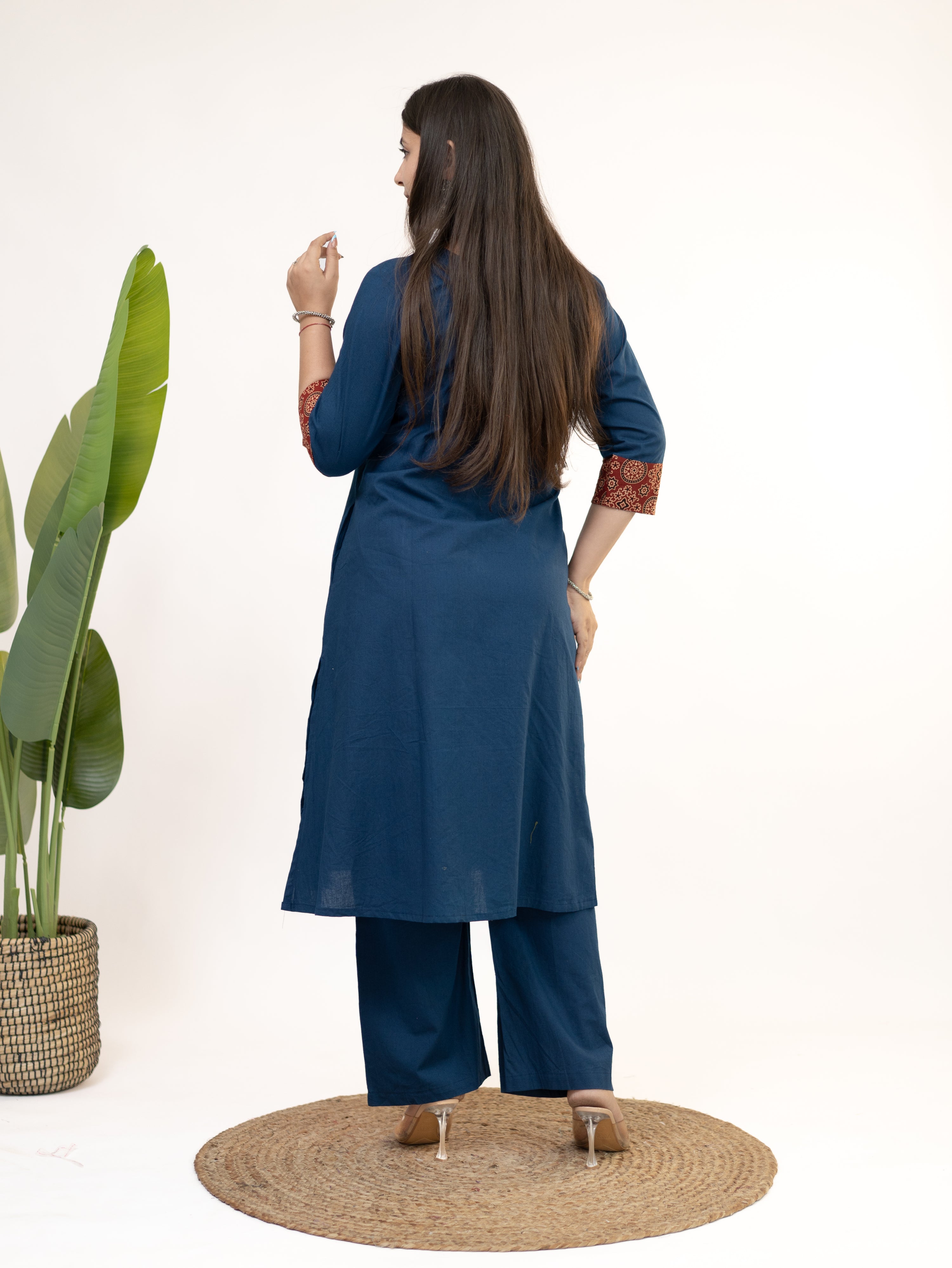 Heemali Blue Cotton Ajrakh Kutch Embroidered Kurta Set