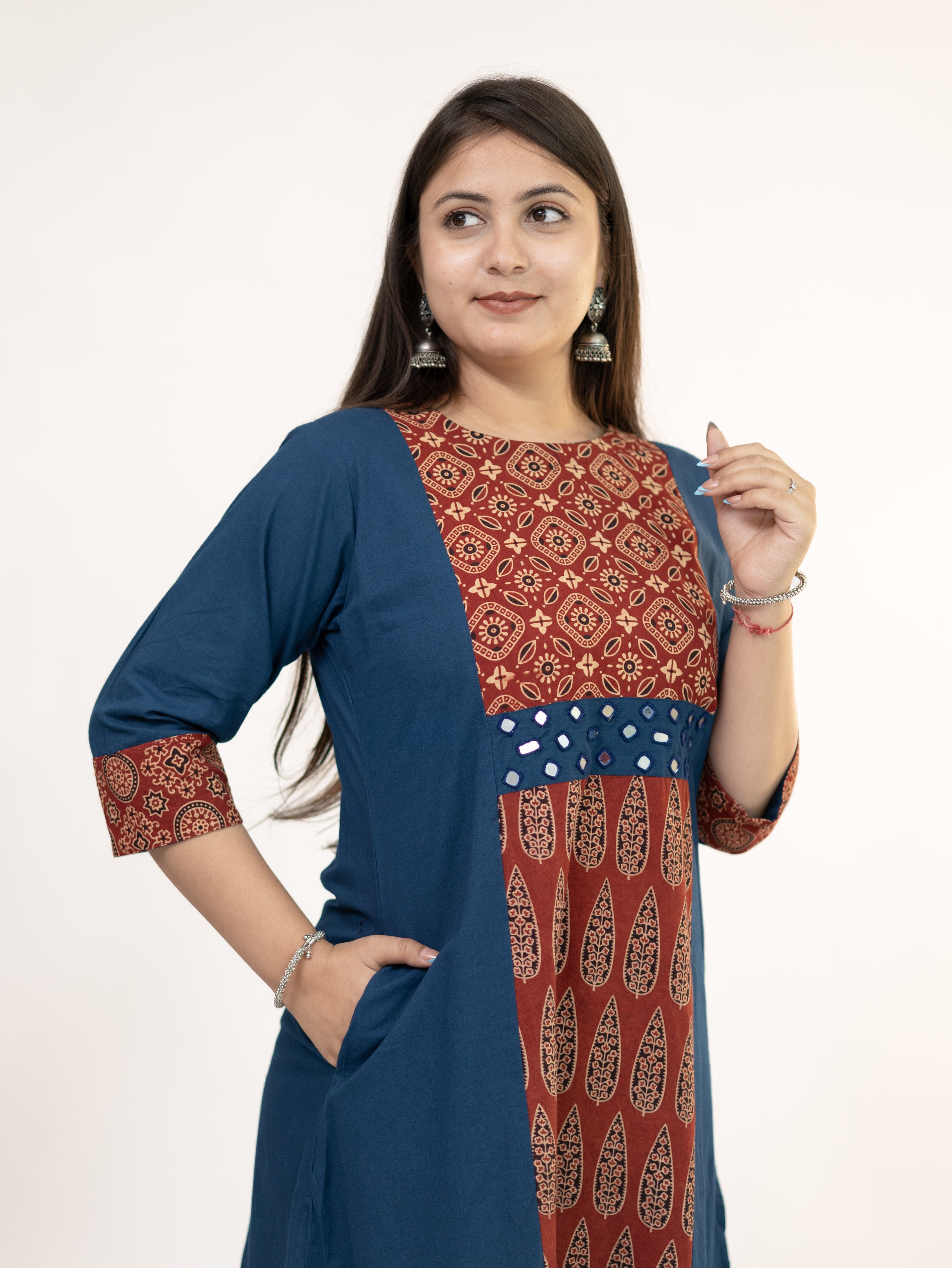 Heemali Blue Cotton Ajrakh Kutch Embroidered Kurta Set