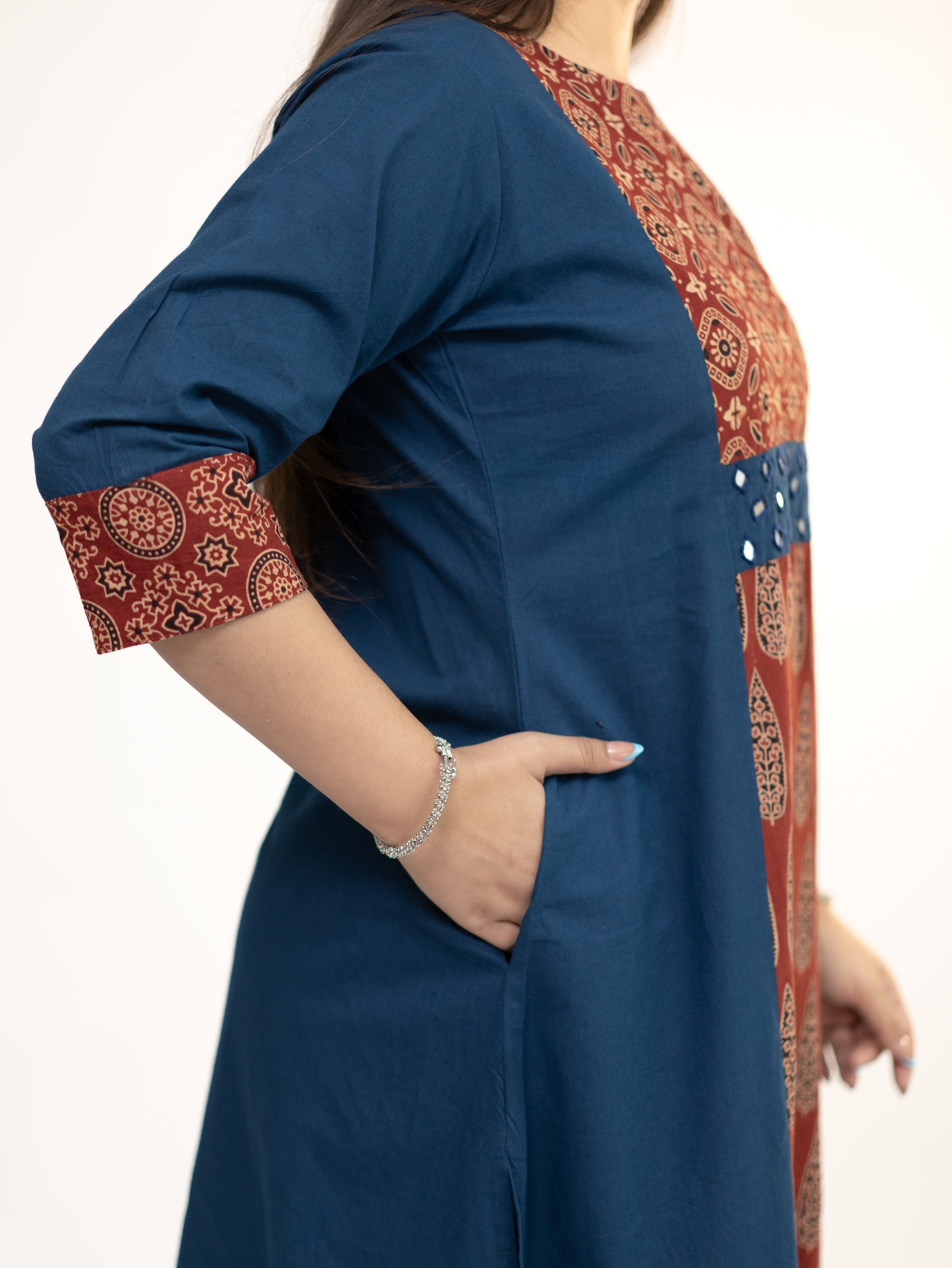 Heemali Blue Cotton Ajrakh Kutch Embroidered Kurta Set