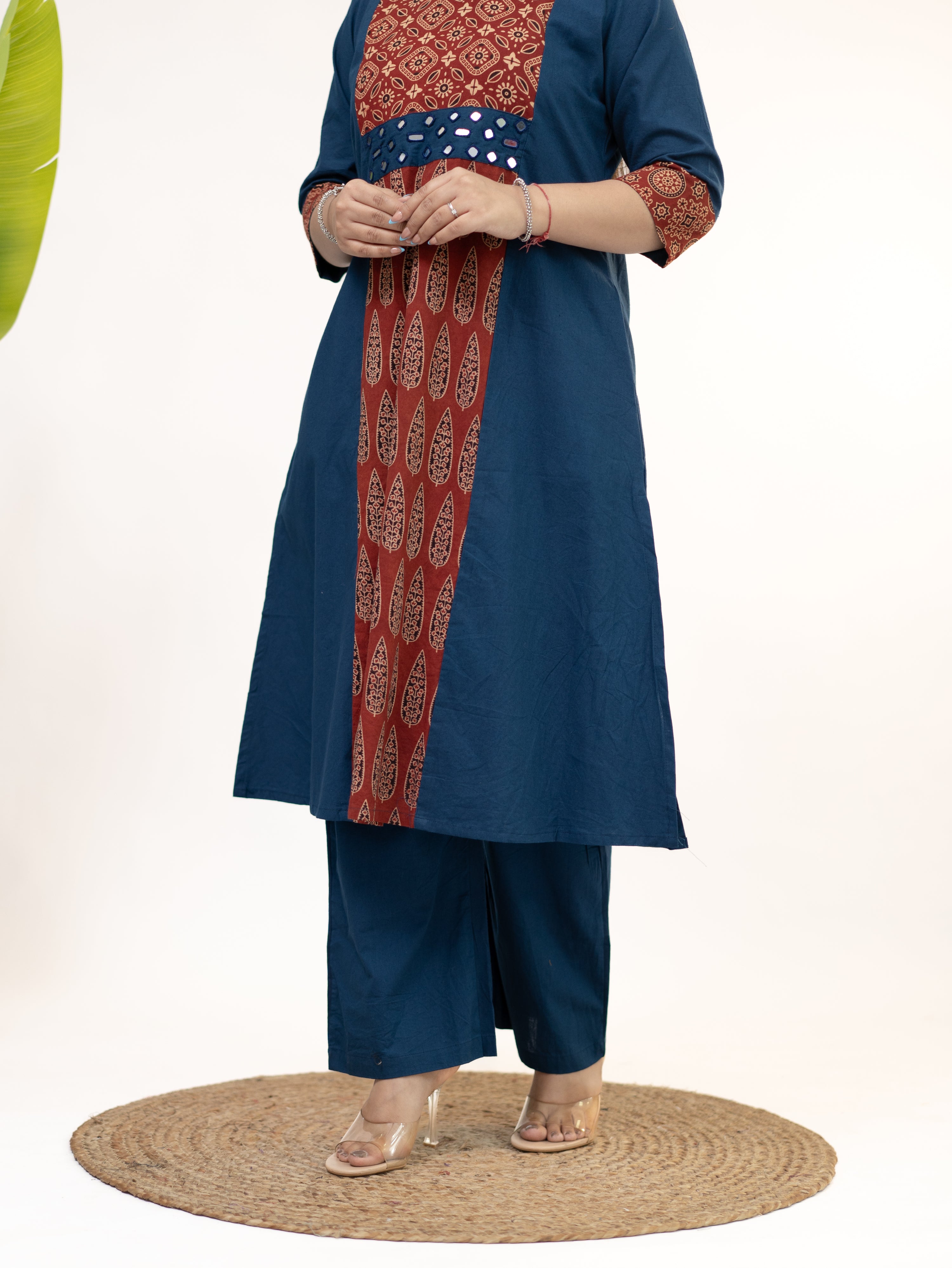 Heemali Blue Cotton Ajrakh Kutch Embroidered Kurta Set