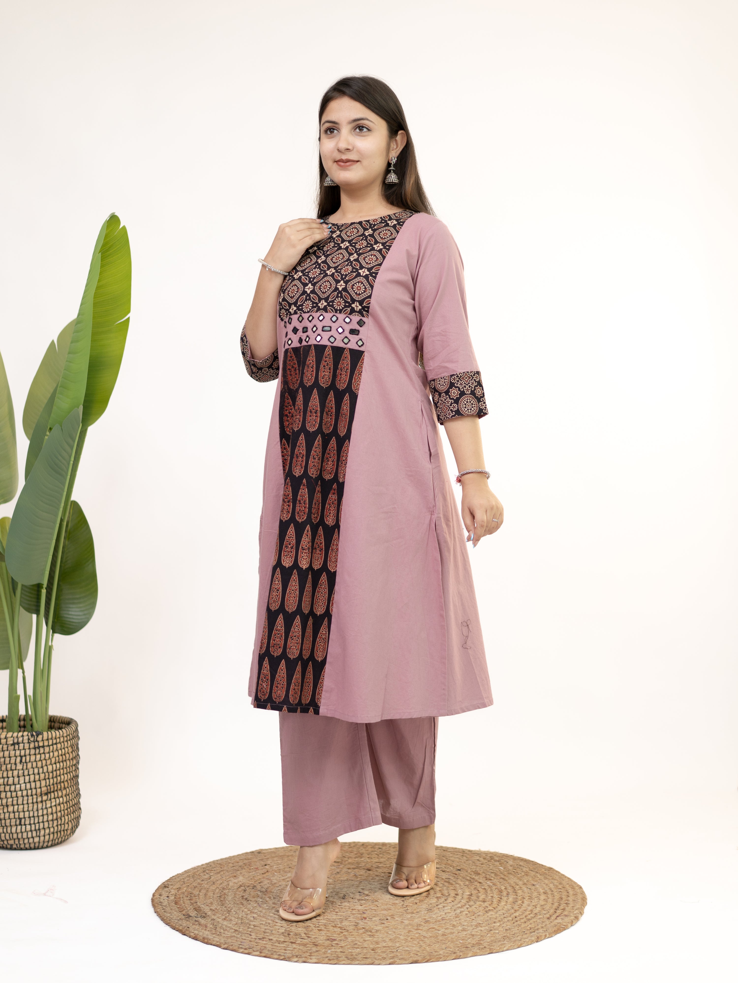 Heemali Pink Cotton Ajrakh Kutch Embroidered Kurta Set