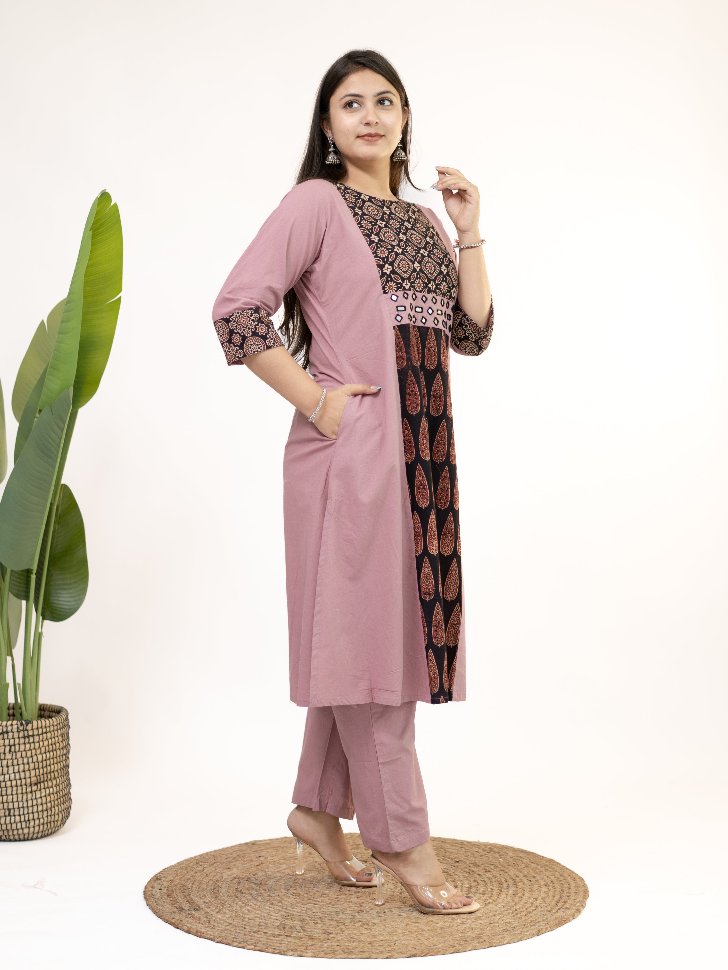 Heemali Pink Cotton Ajrakh Kutch Embroidered Kurta Set