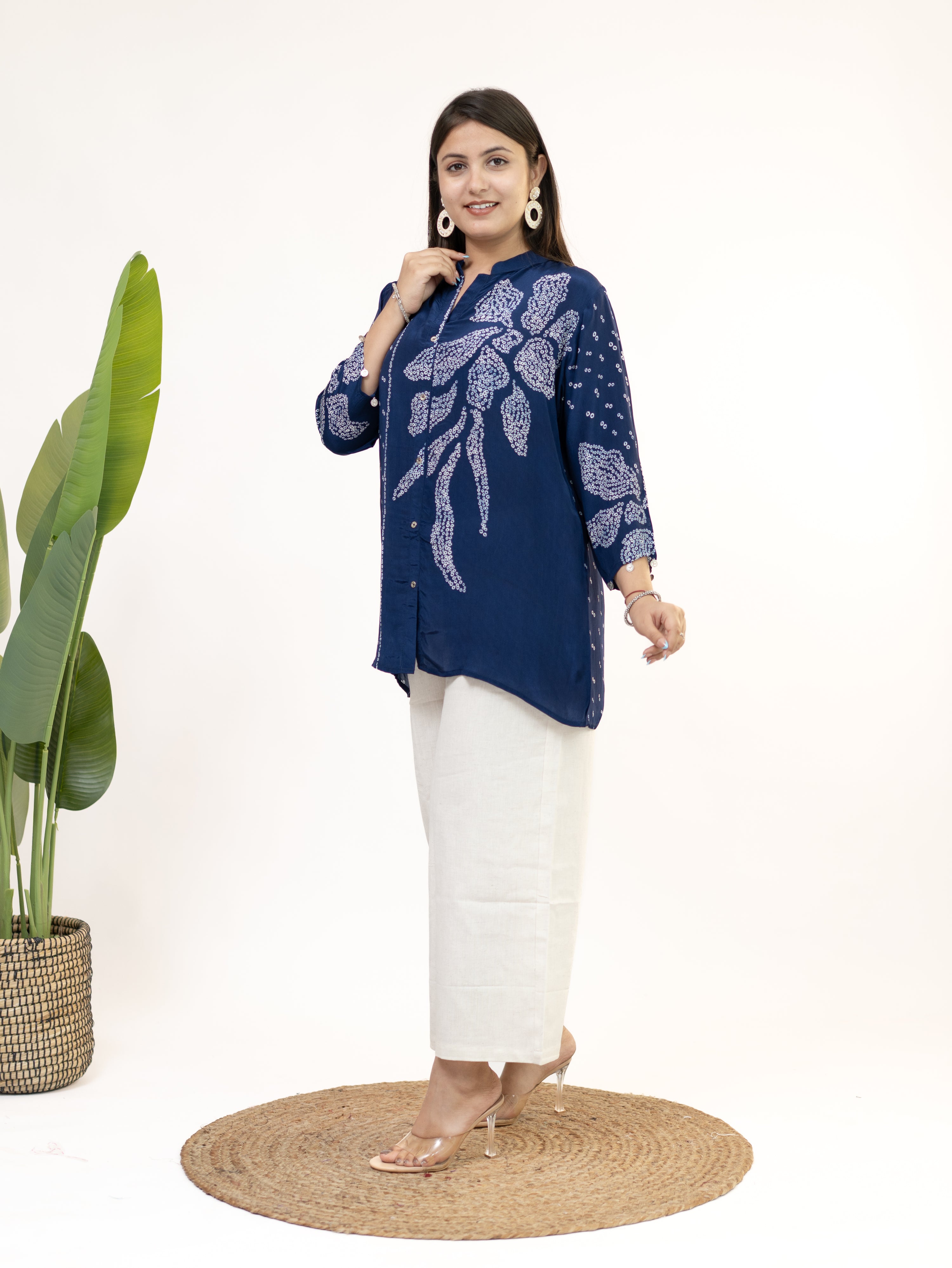 Vaidehi Navy Blue Crepe Bandhani HandDetailed Shirt