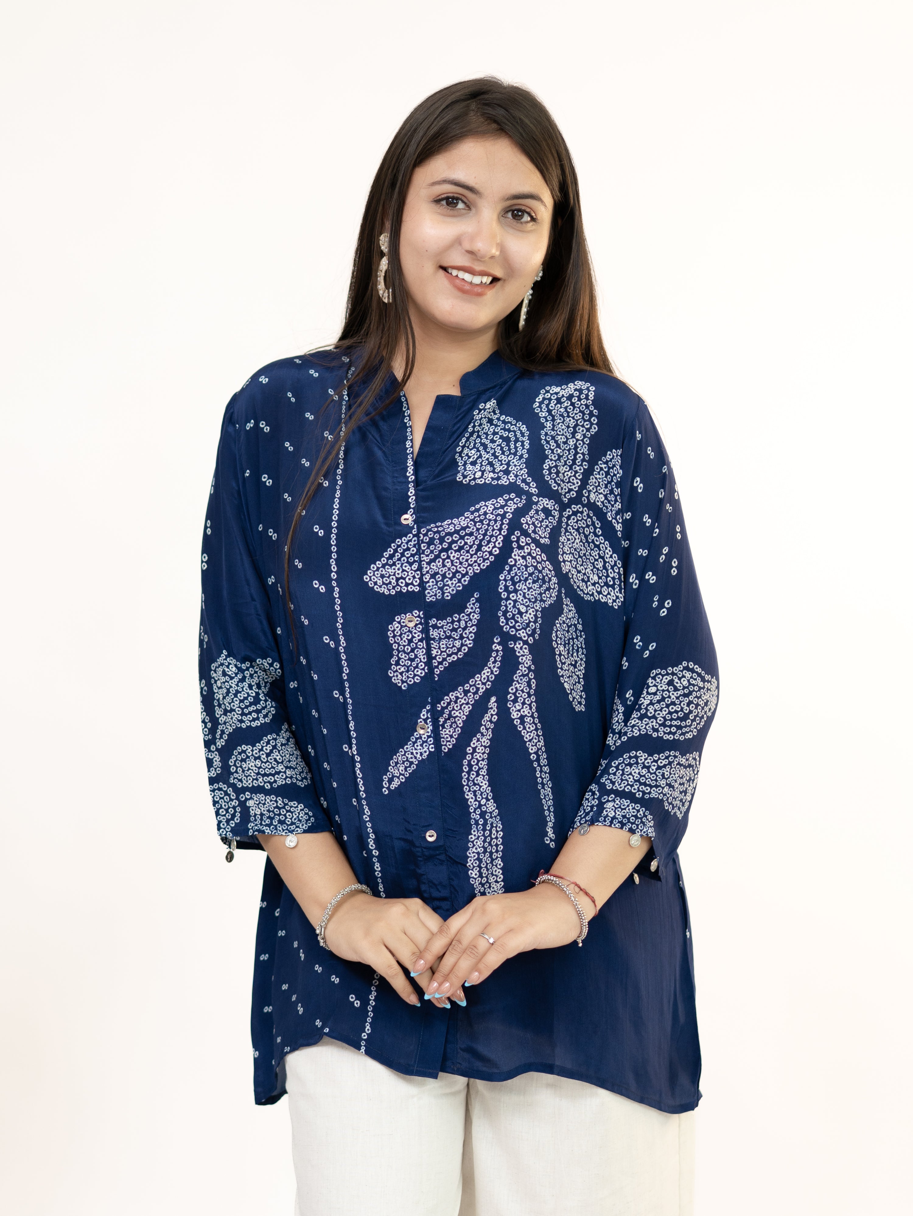 Vaidehi Navy Blue Crepe Bandhani HandDetailed Shirt