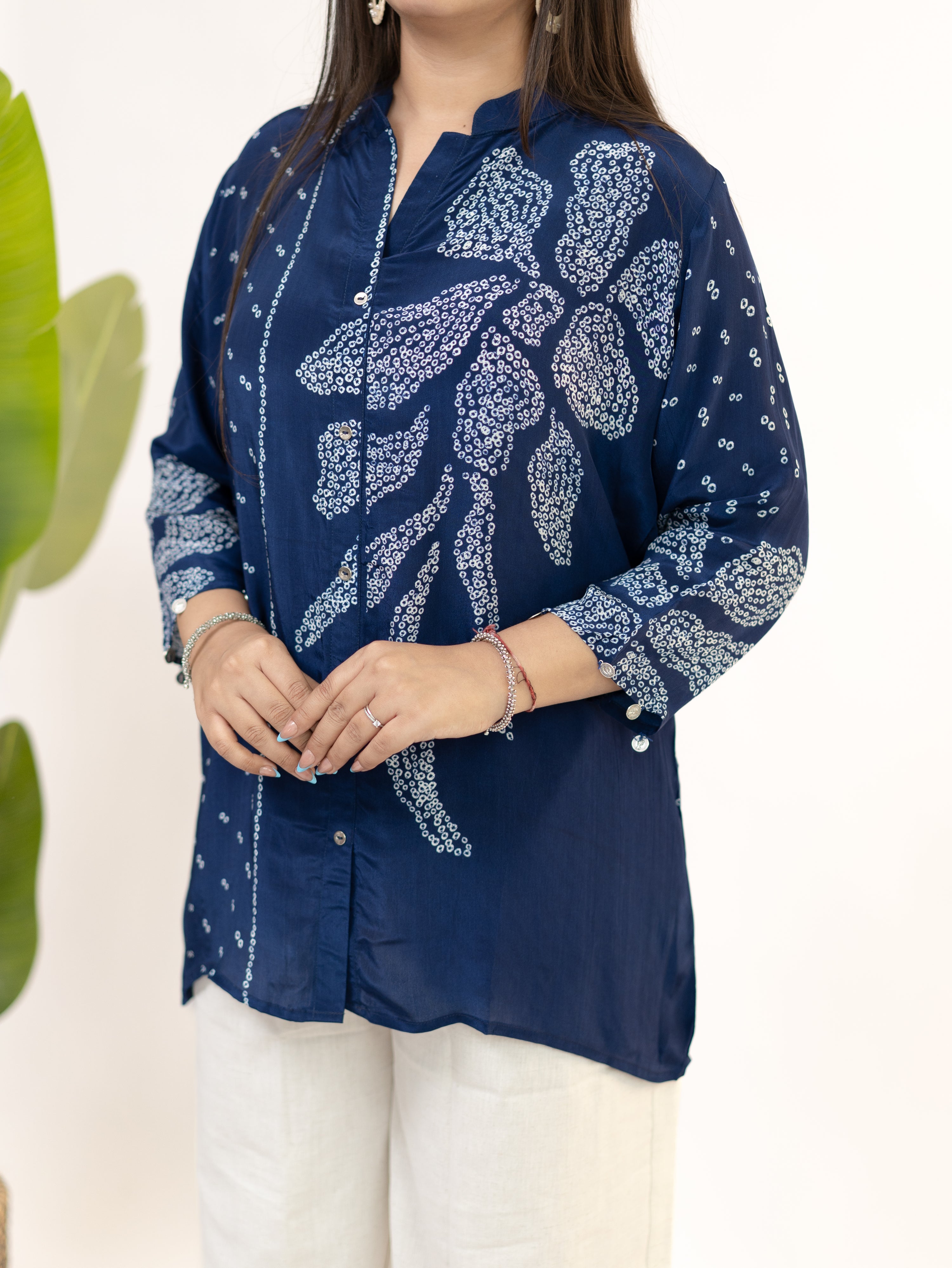 Vaidehi Navy Blue Crepe Bandhani HandDetailed Shirt