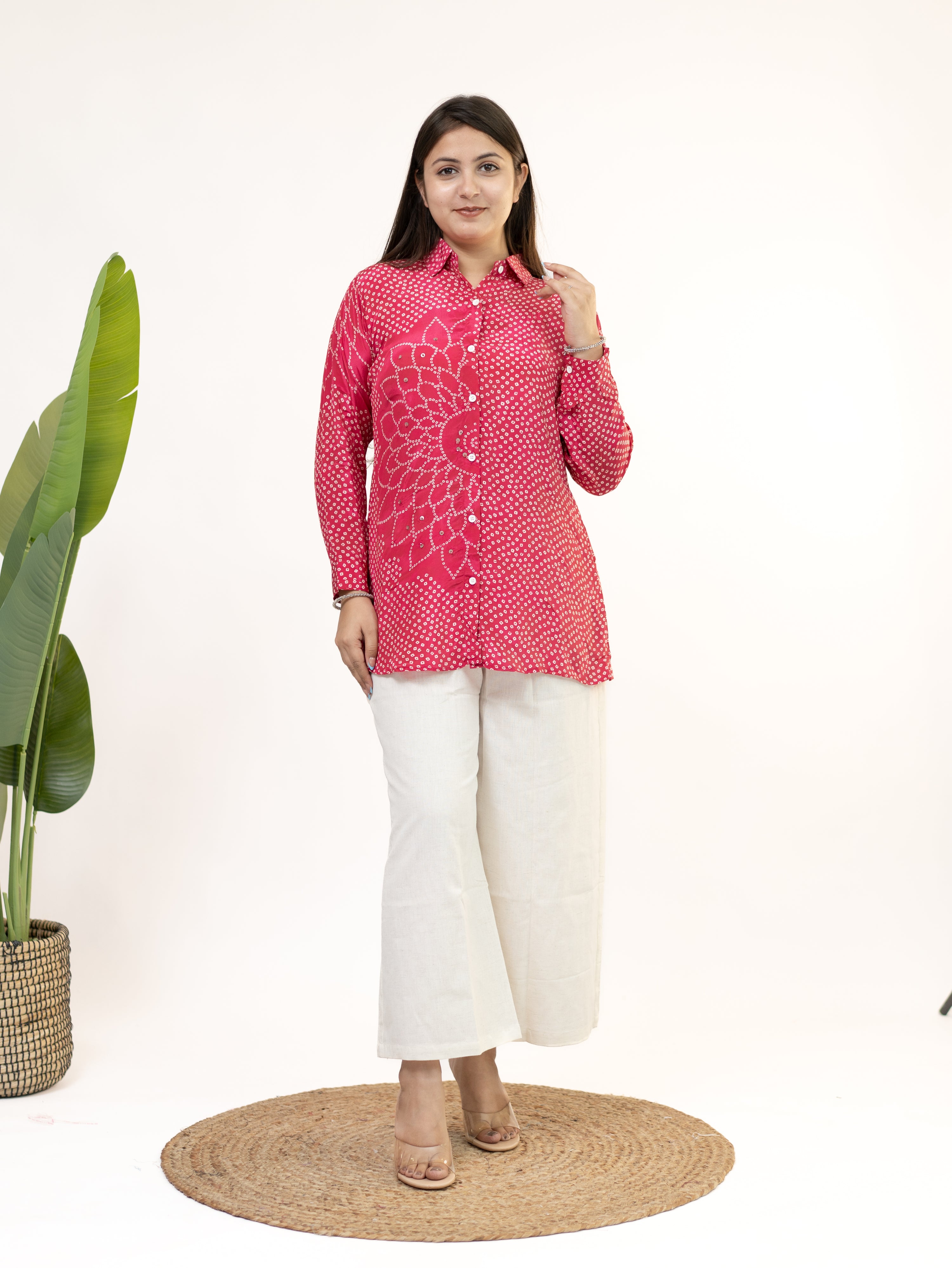 Adani Pink Crepe Bandhani HandDetailed Shirt