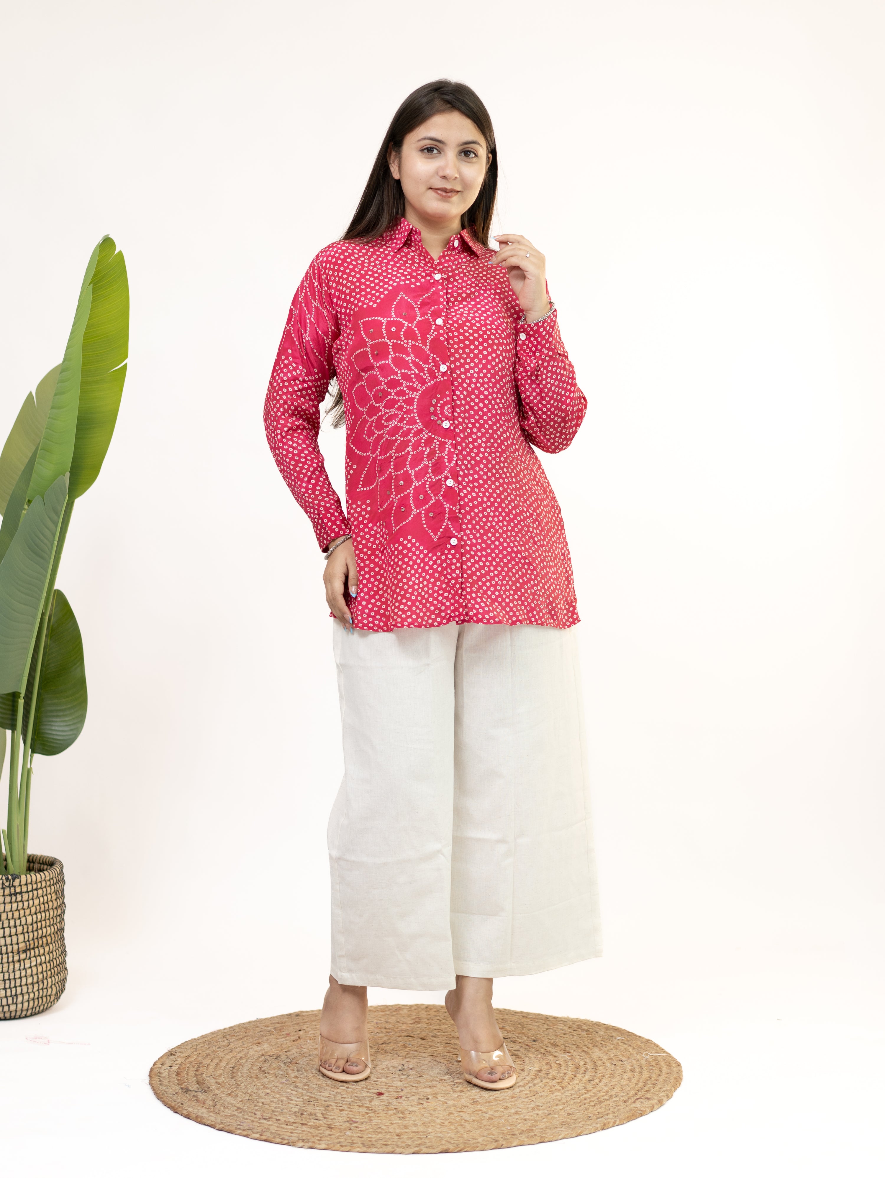 Adani Pink Crepe Bandhani HandDetailed Shirt