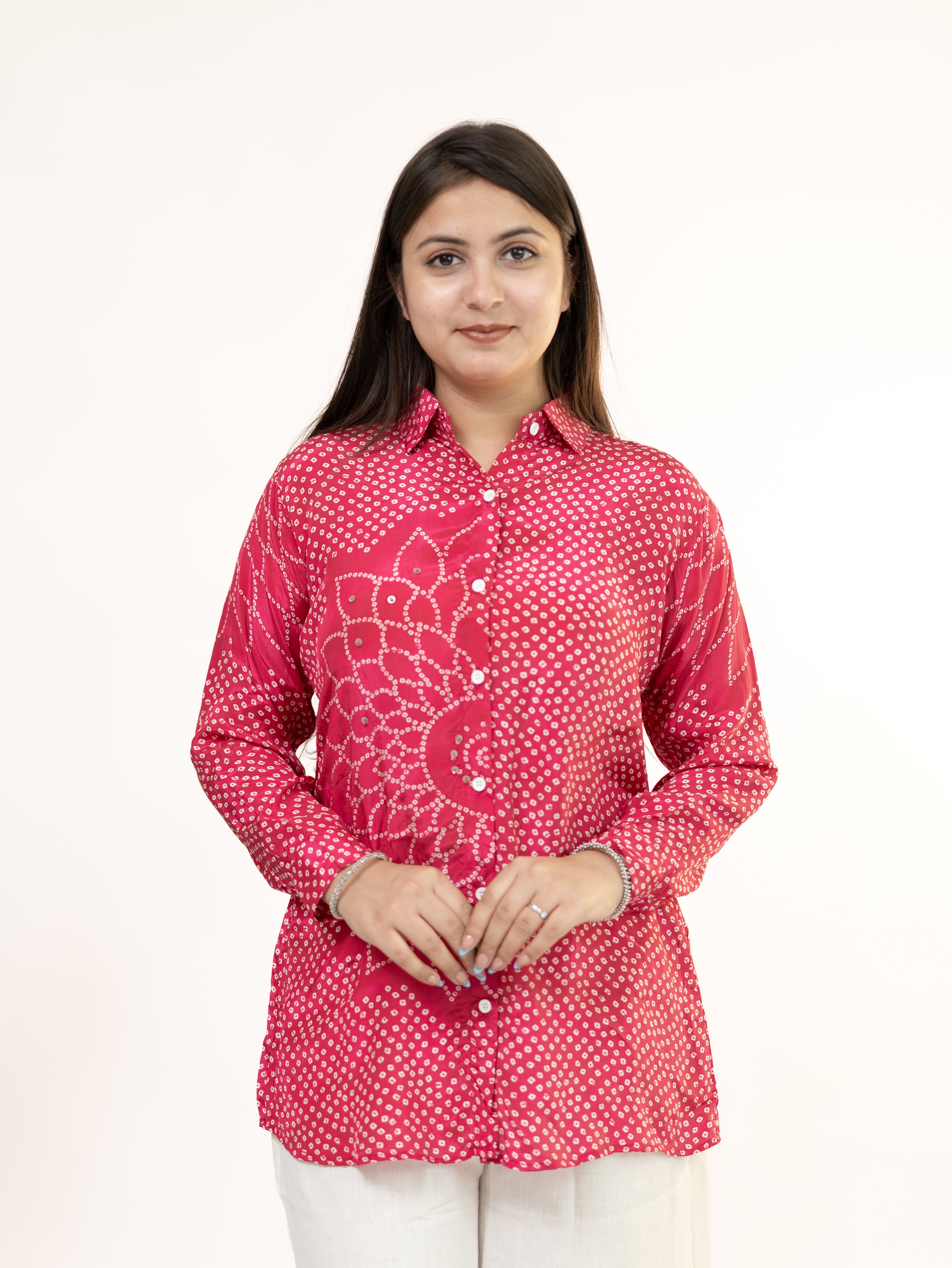 Adani Pink Crepe Bandhani HandDetailed Shirt
