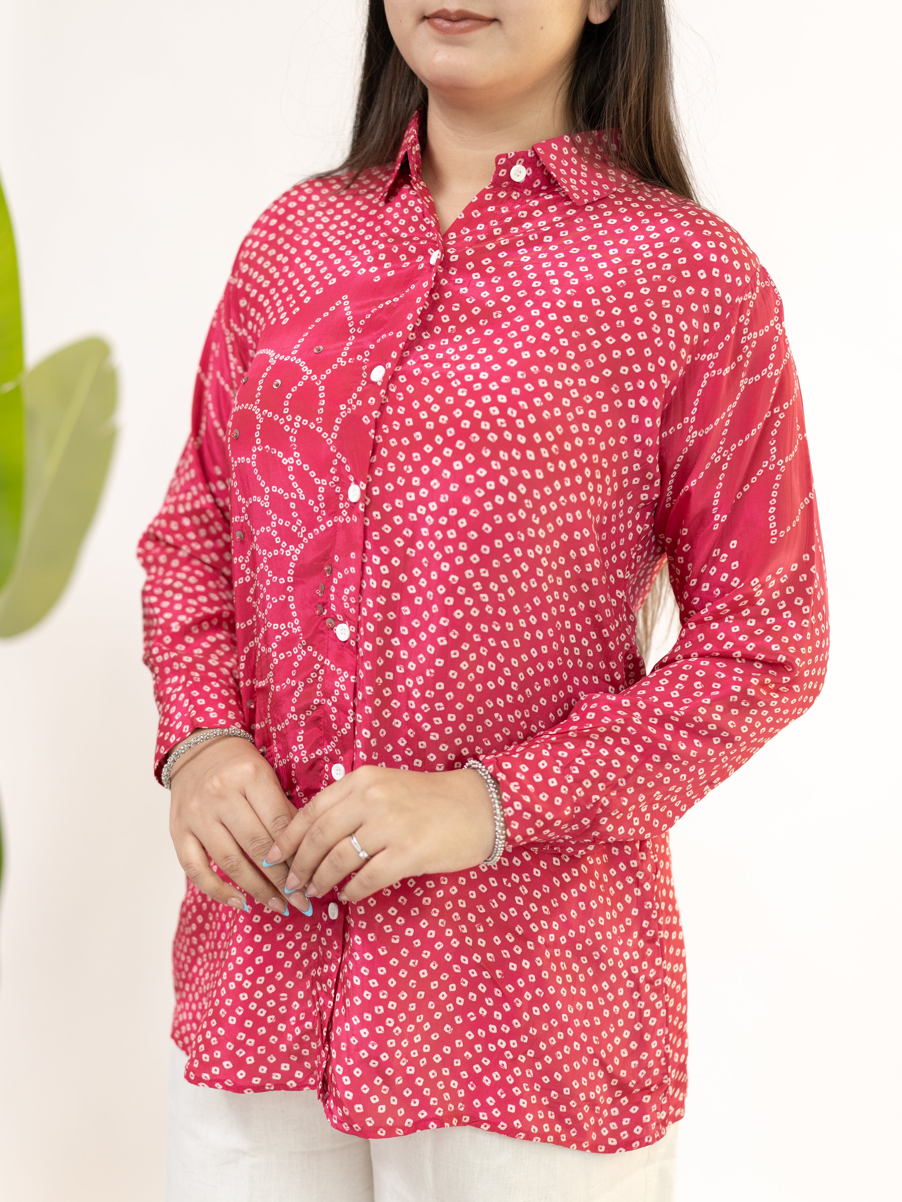 Adani Pink Crepe Bandhani HandDetailed Shirt