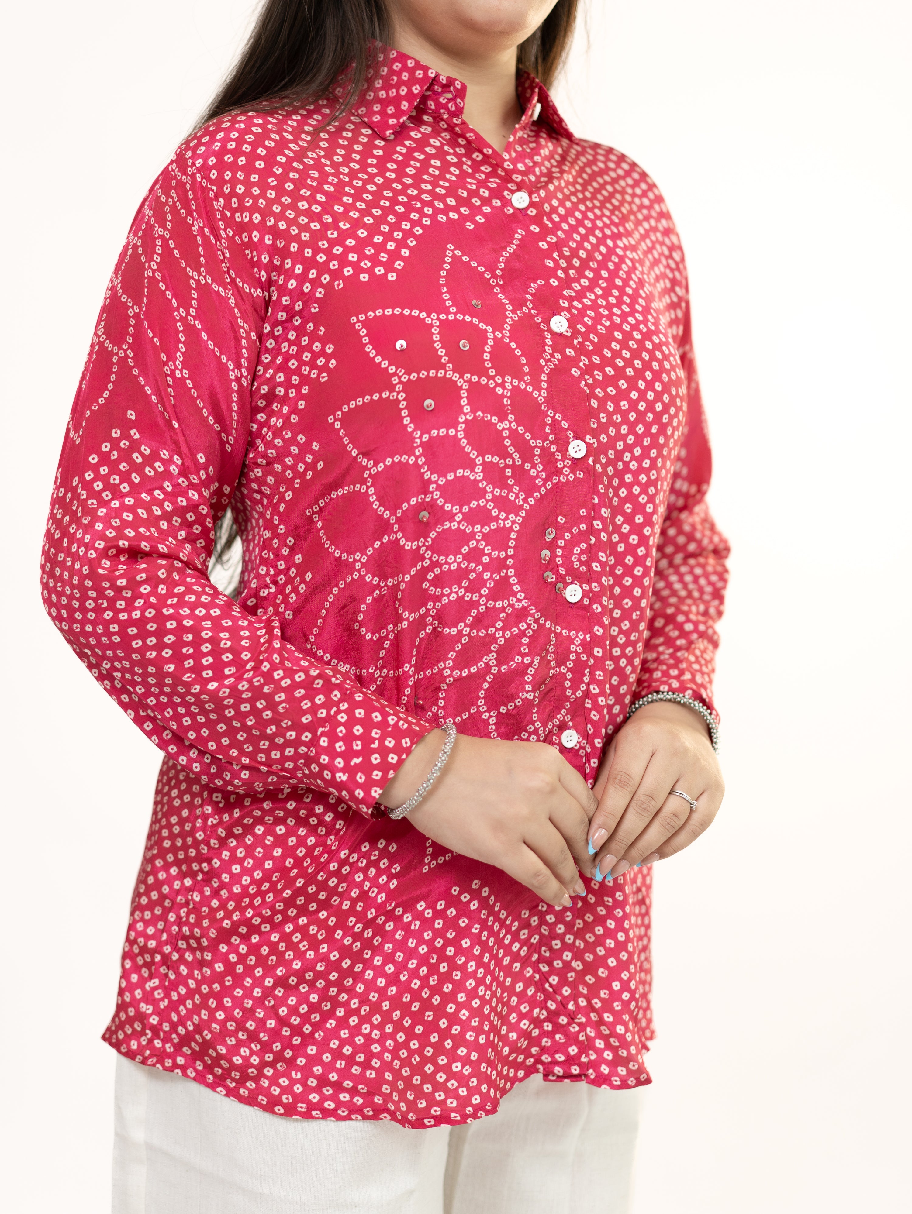 Adani Pink Crepe Bandhani HandDetailed Shirt