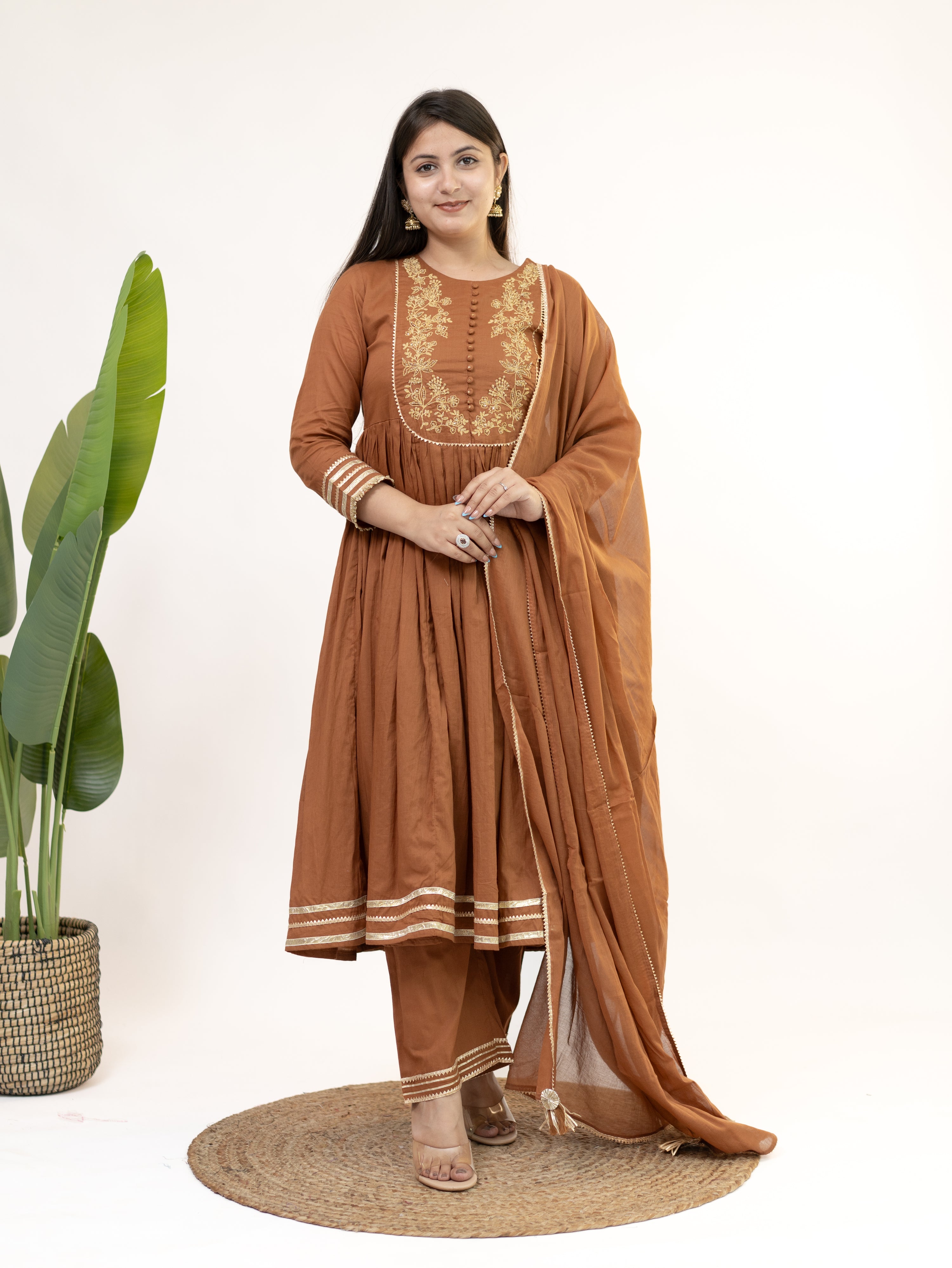 Mocha Brown Mul Cotton Embroidered Gotta Detailed Dupatta Set