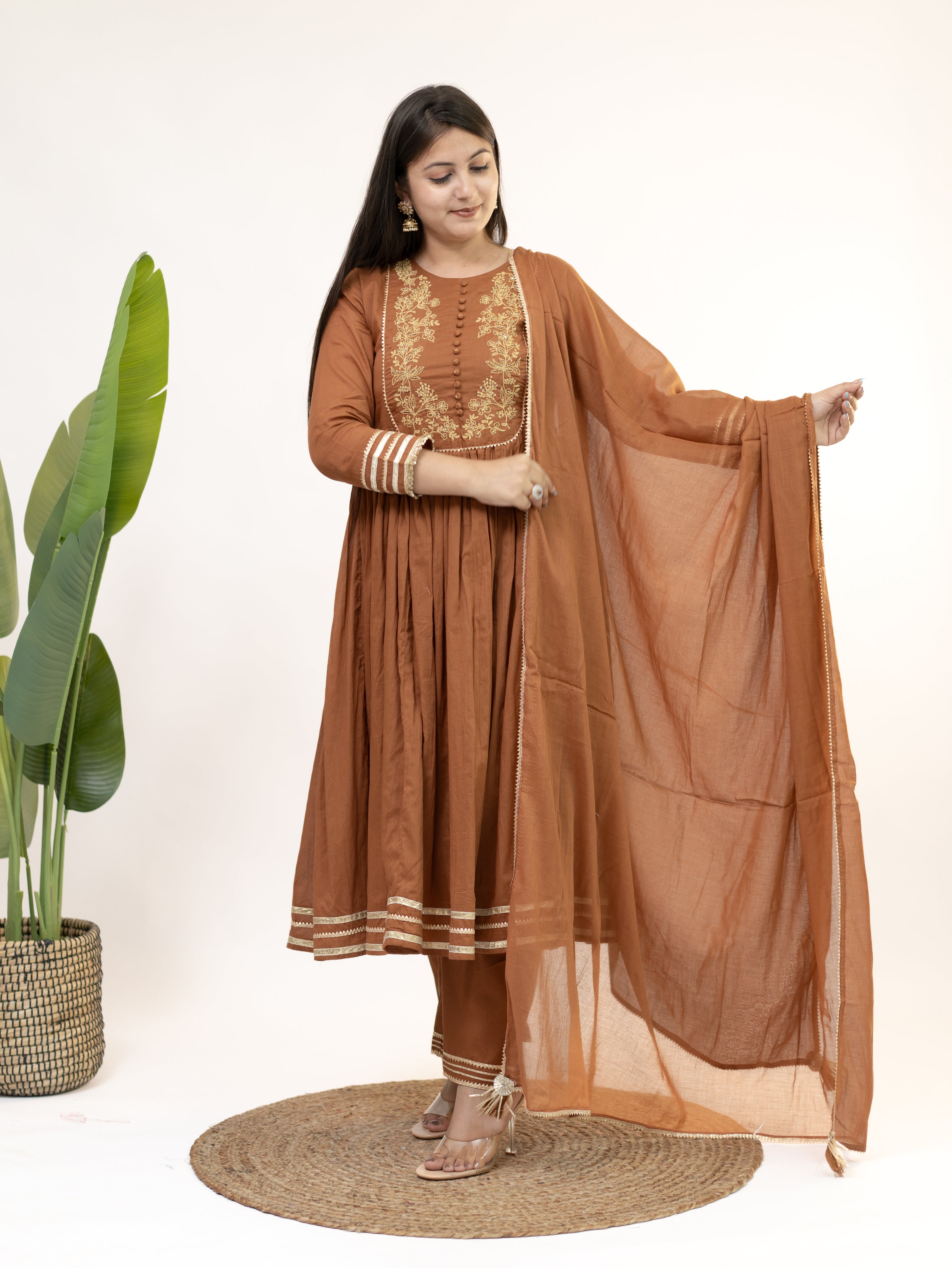Mocha Brown Mul Cotton Embroidered Gotta Detailed Dupatta Set