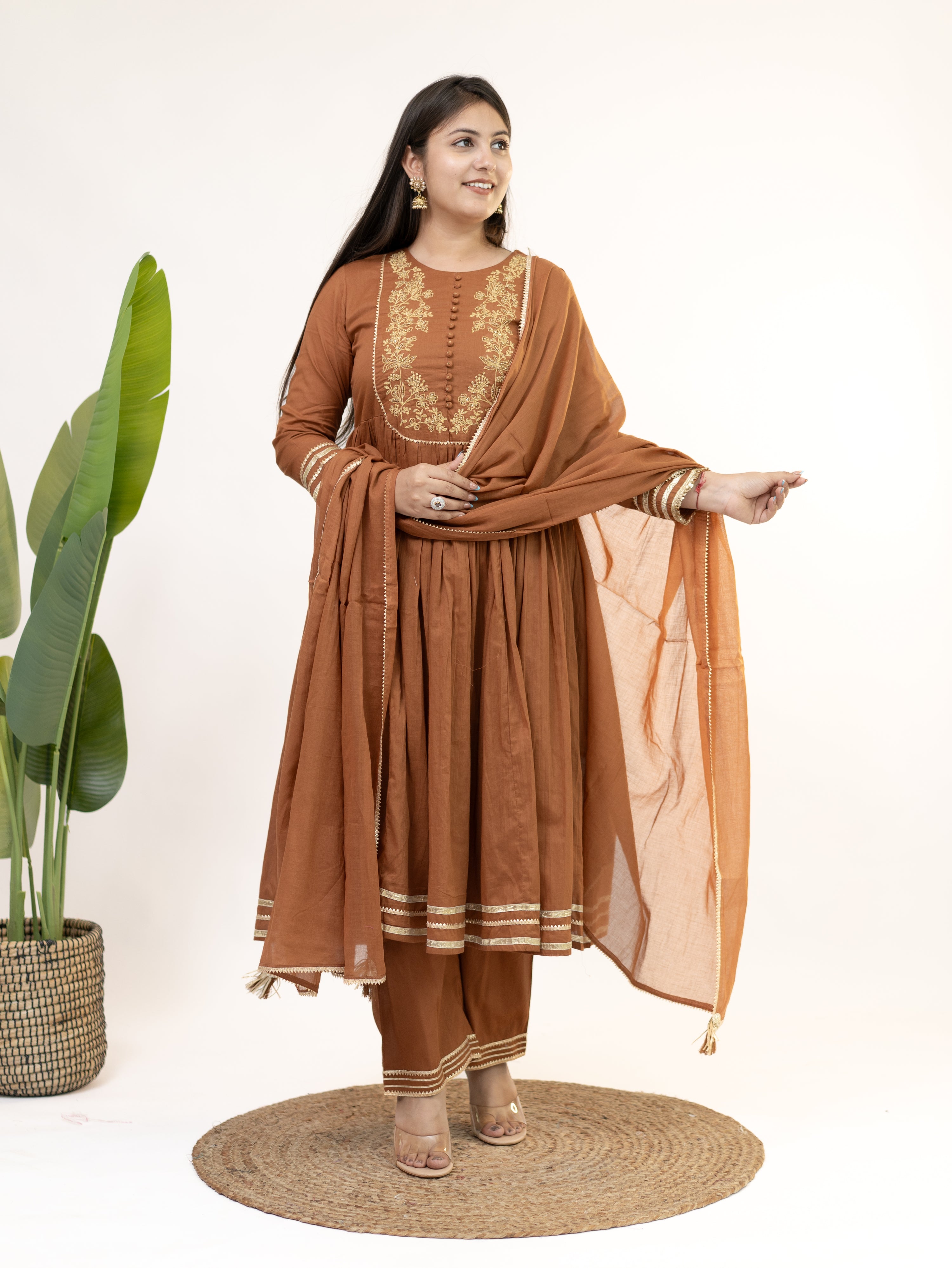 Mocha Brown Mul Cotton Embroidered Gotta Detailed Dupatta Set