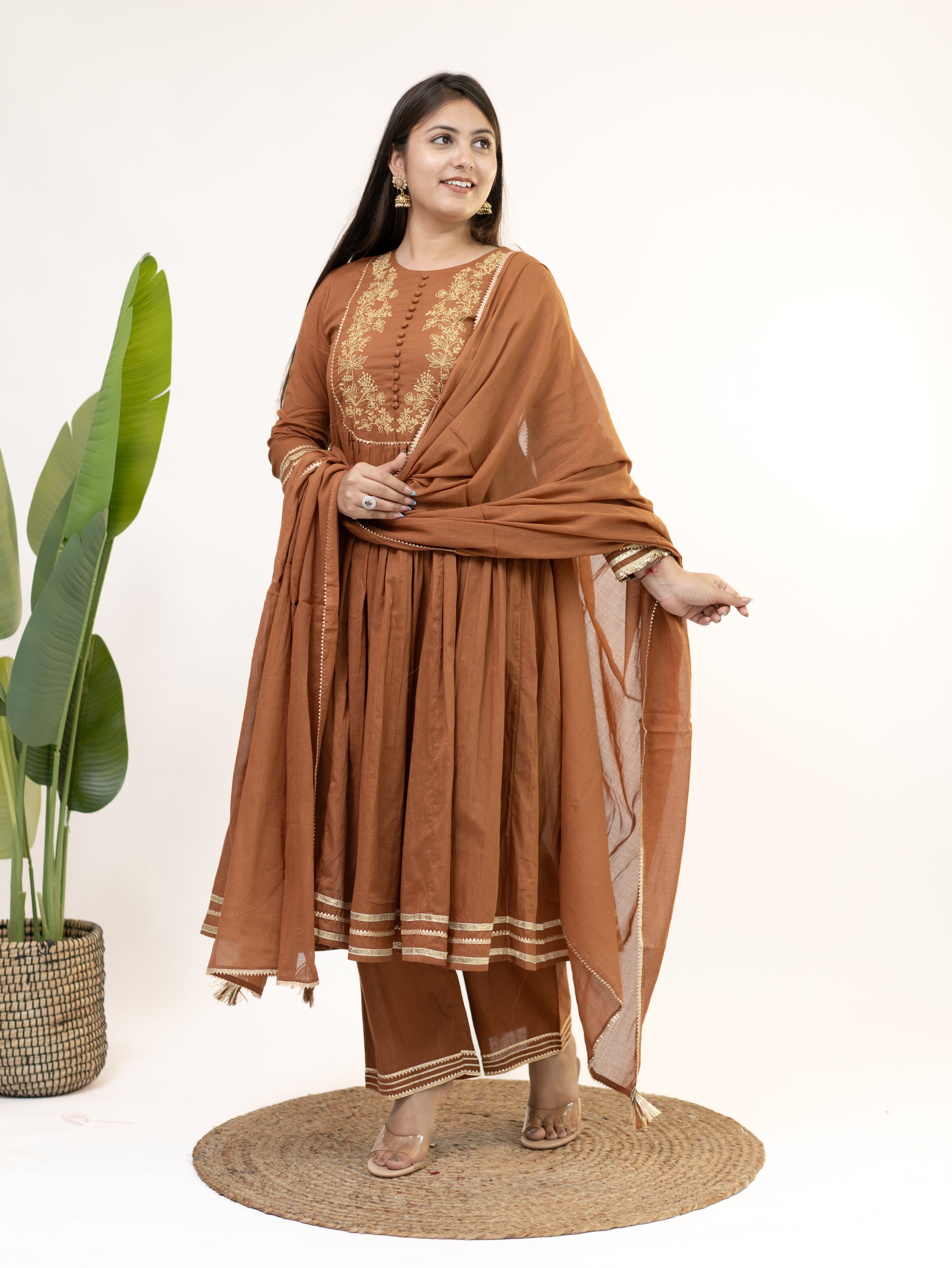 Mocha Brown Mul Cotton Embroidered Gotta Detailed Dupatta Set