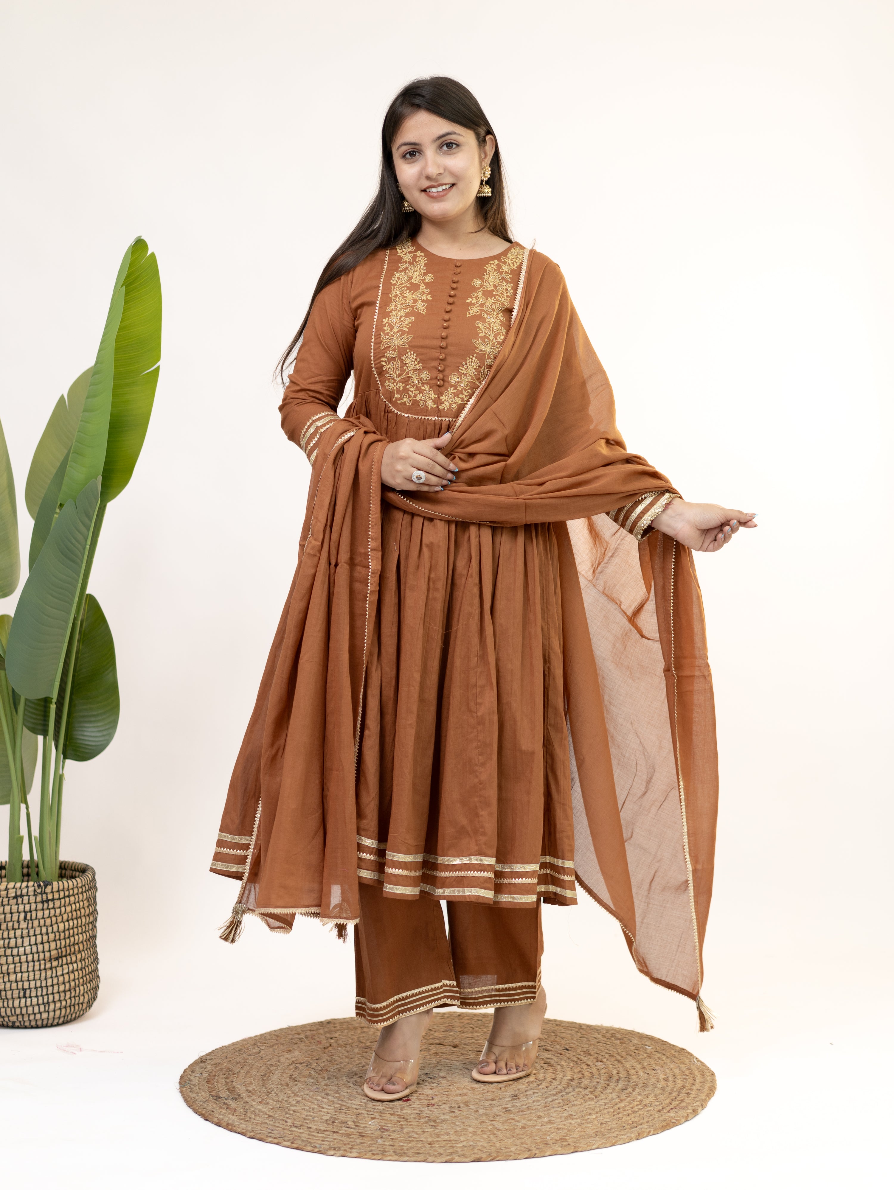 Mocha Brown Mul Cotton Embroidered Gotta Detailed Dupatta Set