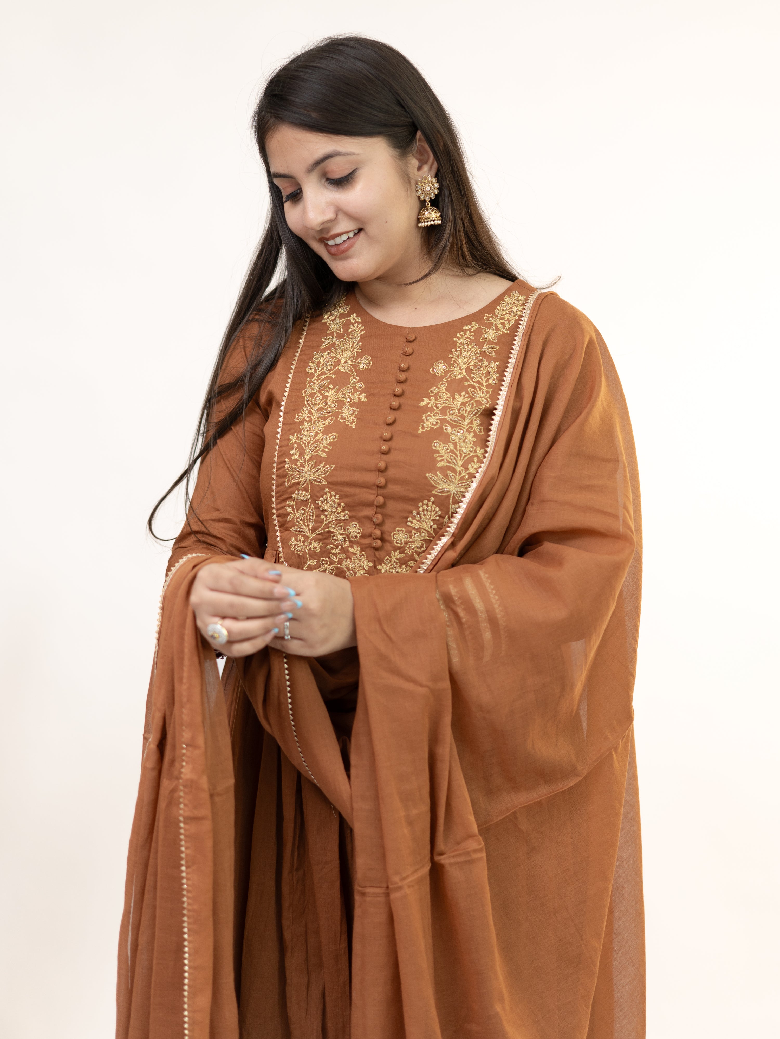 Mocha Brown Mul Cotton Embroidered Gotta Detailed Dupatta Set