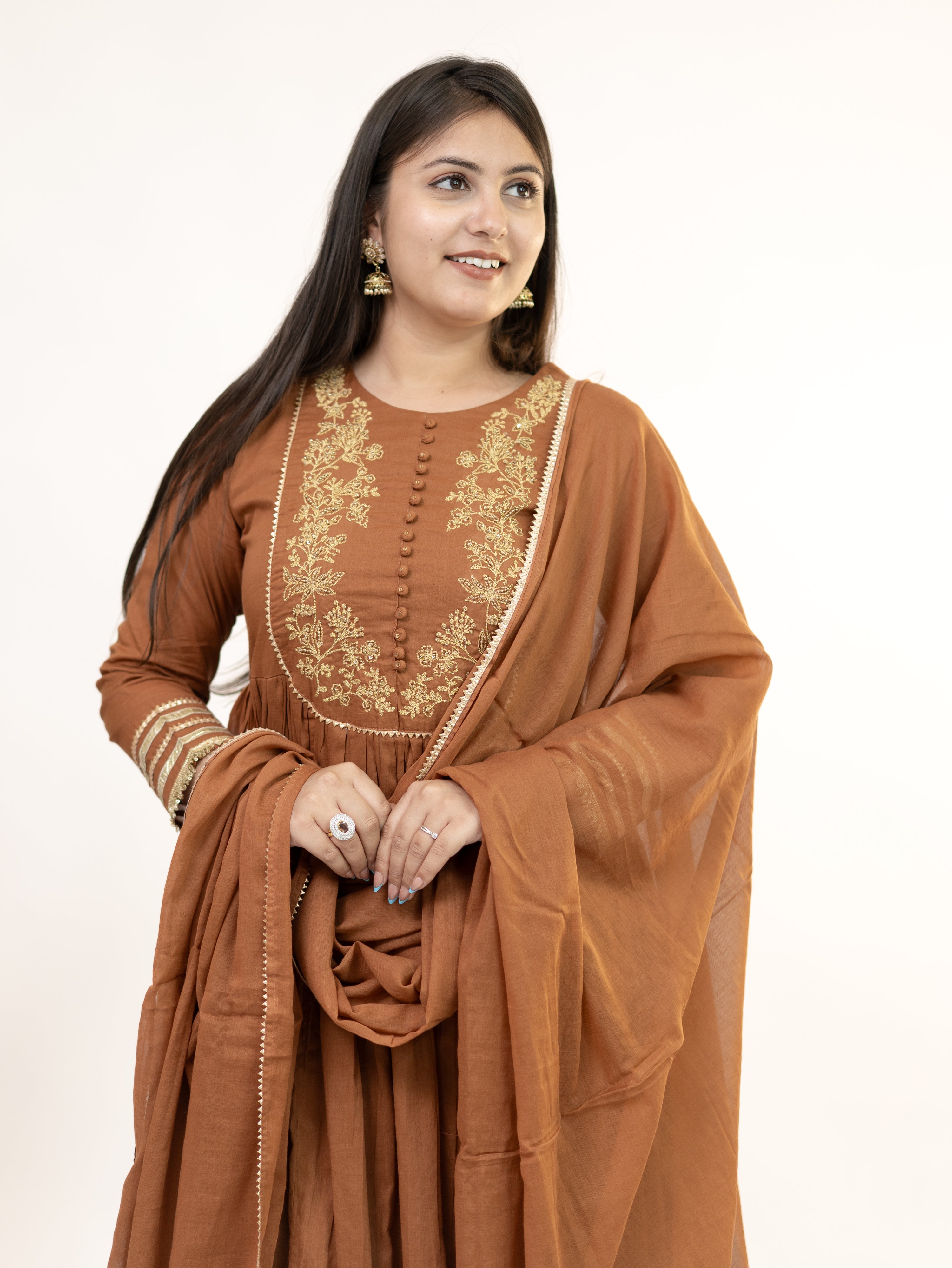 Mocha Brown Mul Cotton Embroidered Gotta Detailed Dupatta Set