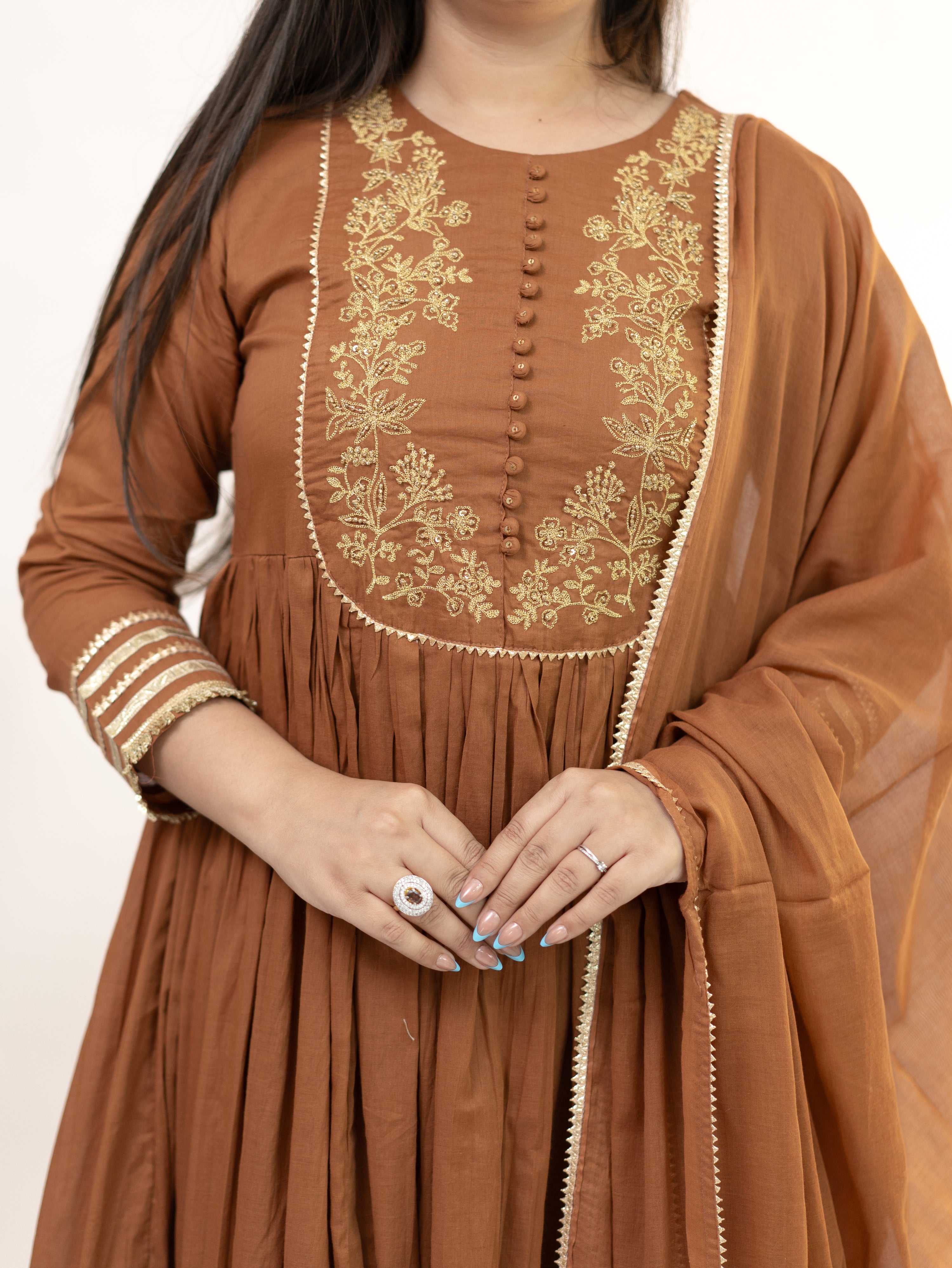 Mocha Brown Mul Cotton Embroidered Gotta Detailed Dupatta Set