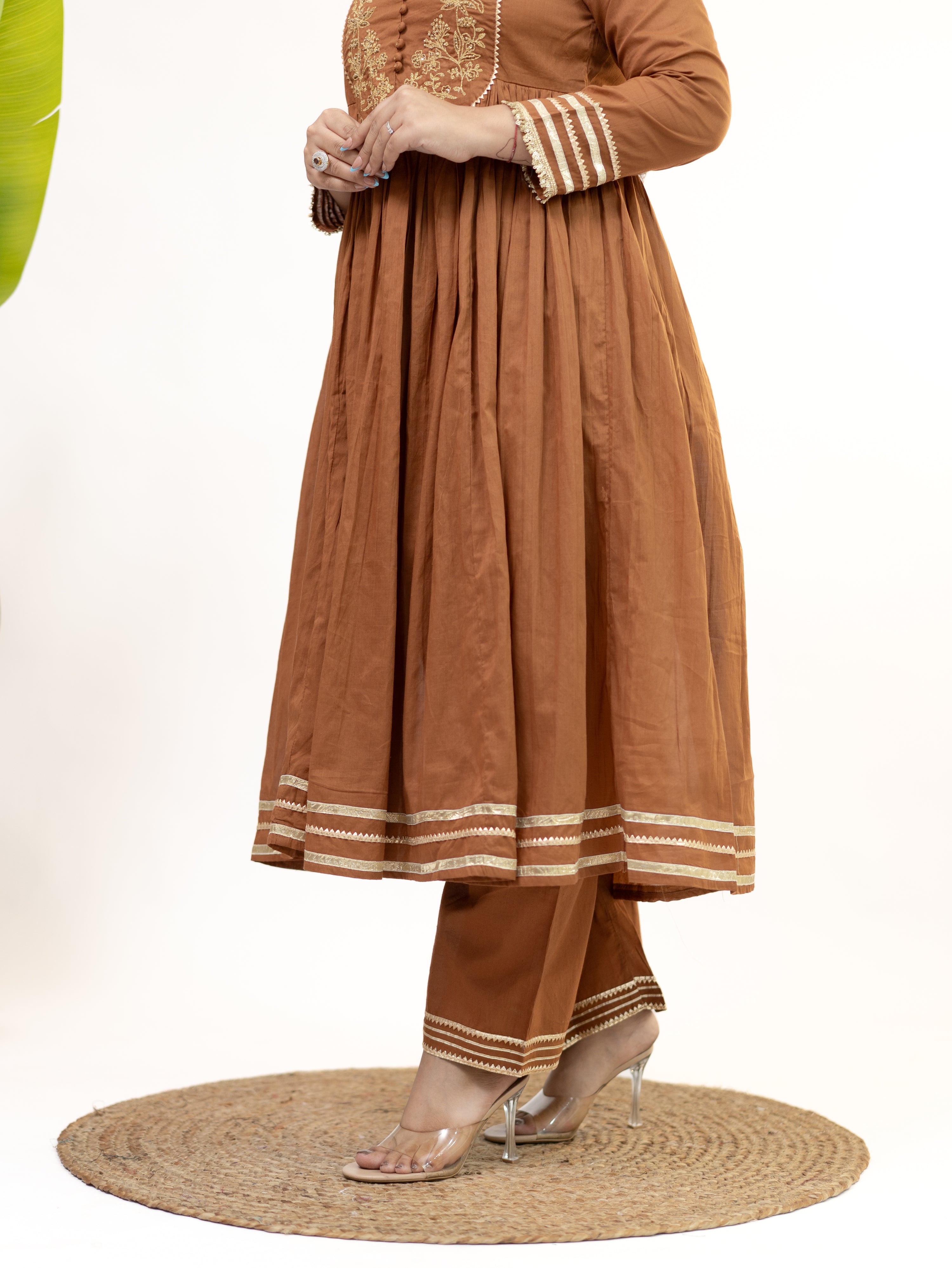Mocha Brown Mul Cotton Embroidered Gotta Detailed Dupatta Set