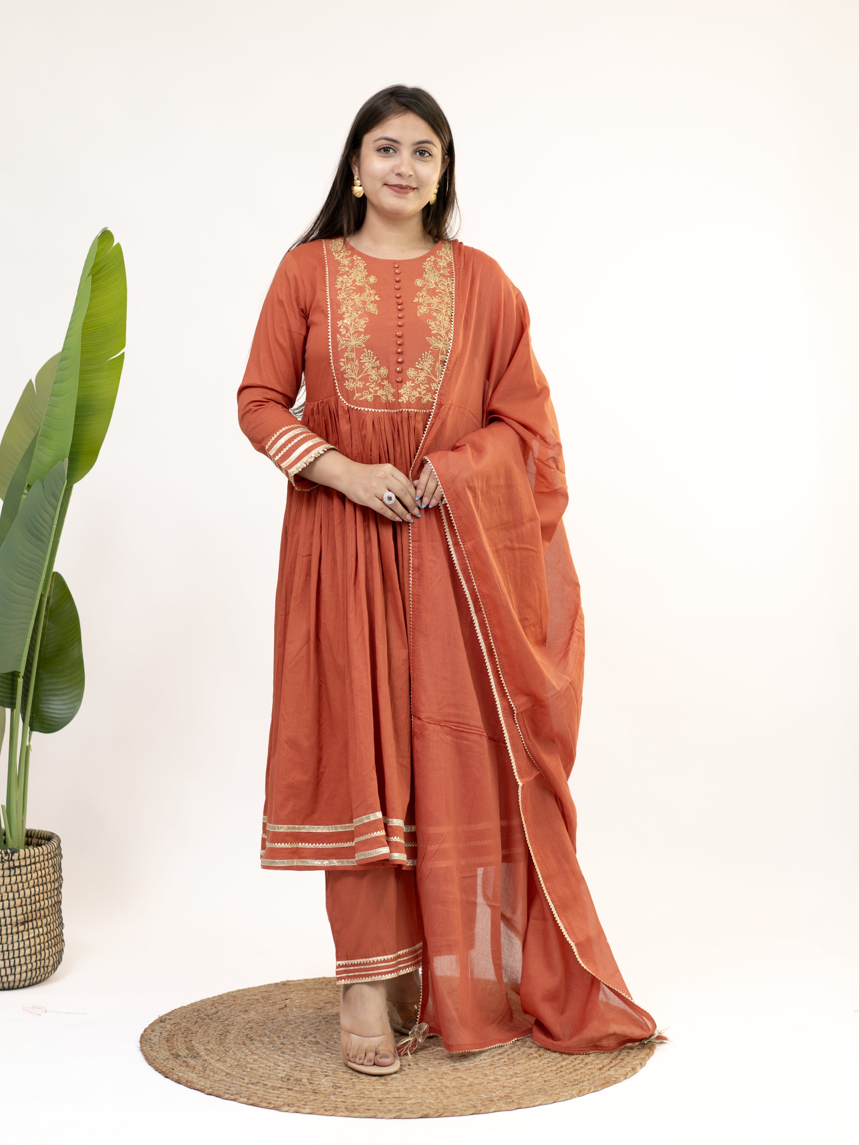 Mocha Rust Mul Cotton Embroidered Gotta Detailed Dupatta Set