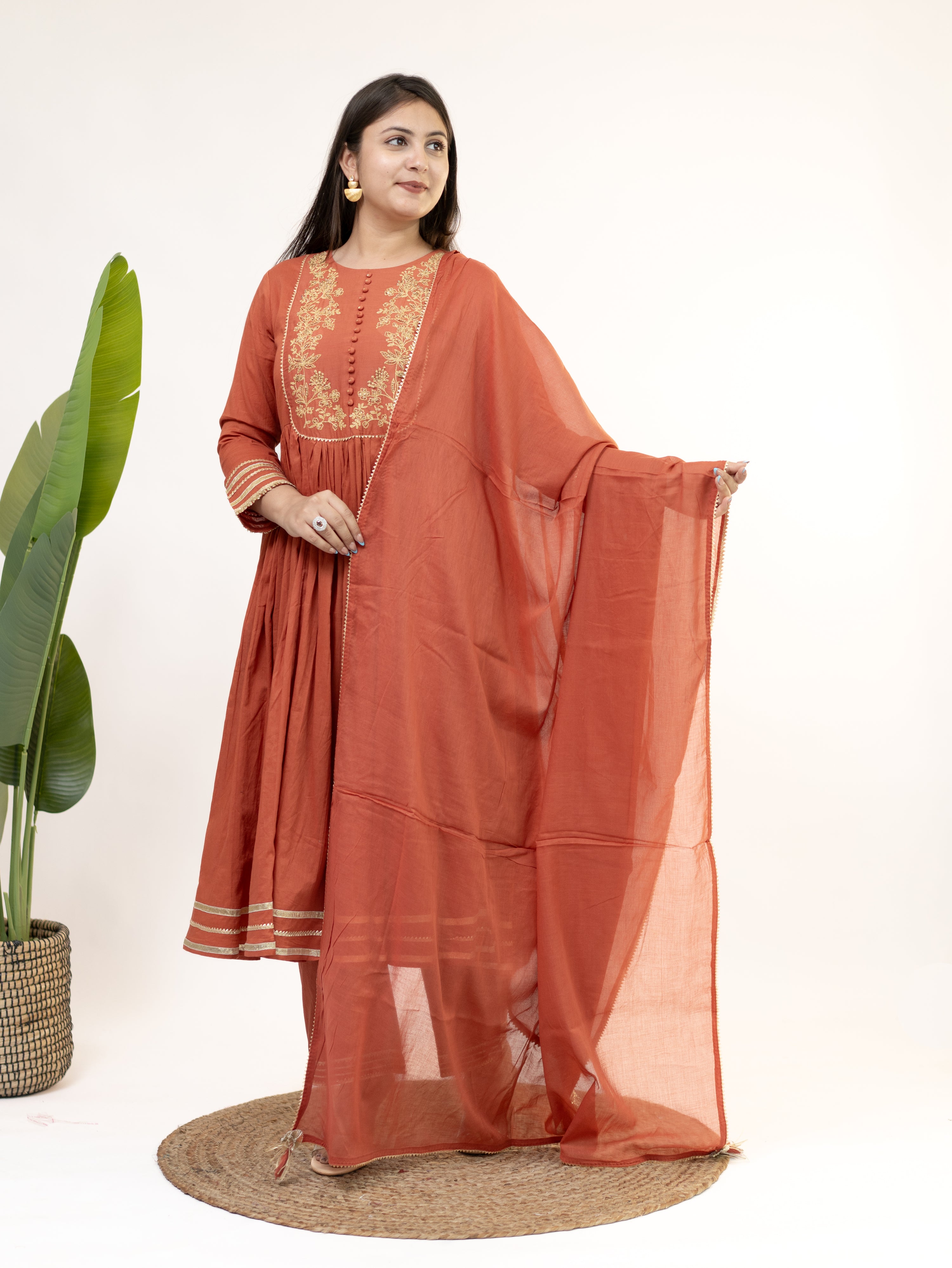 Mocha Rust Mul Cotton Embroidered Gotta Detailed Dupatta Set