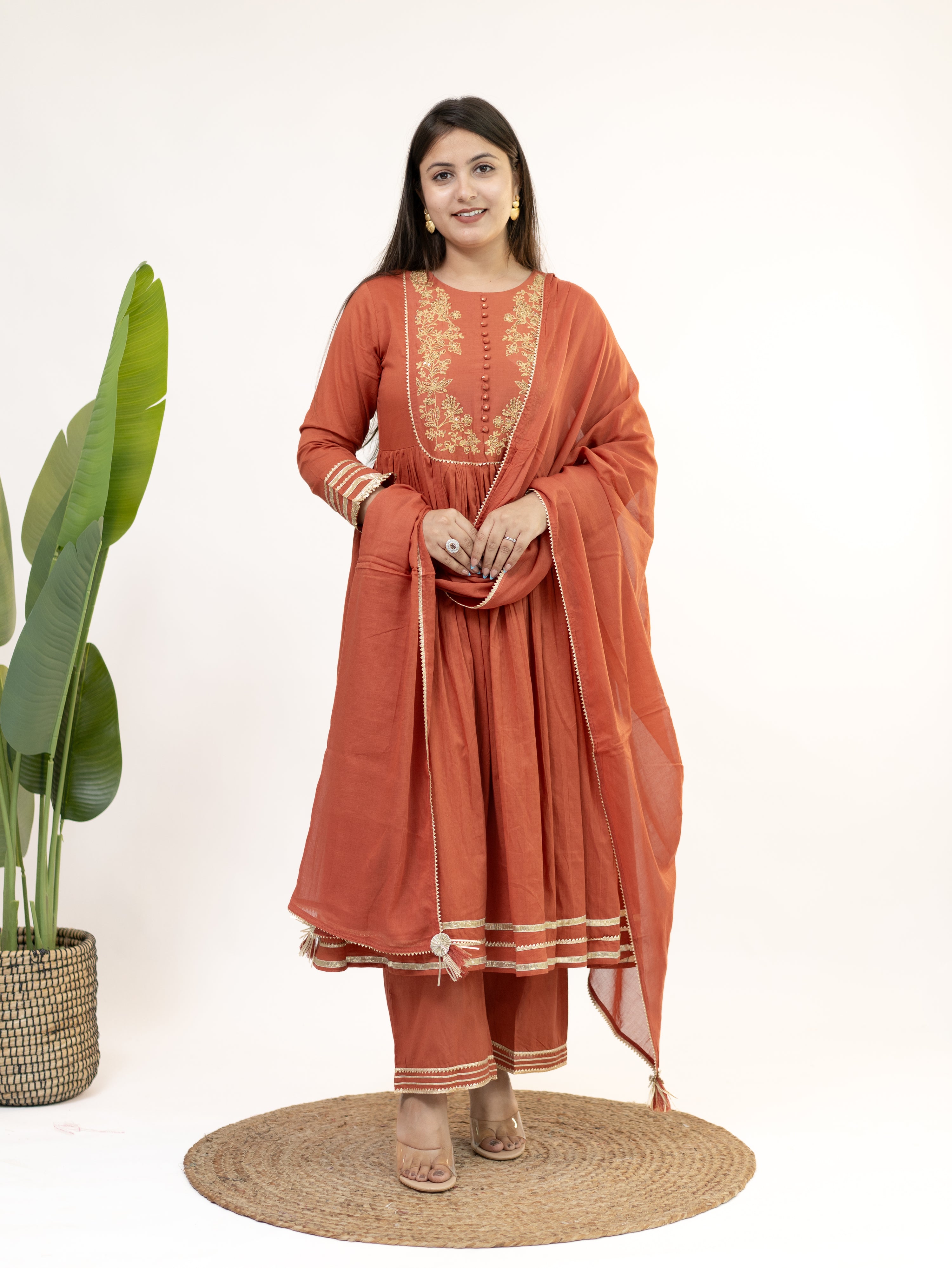 Mocha Rust Mul Cotton Embroidered Gotta Detailed Dupatta Set