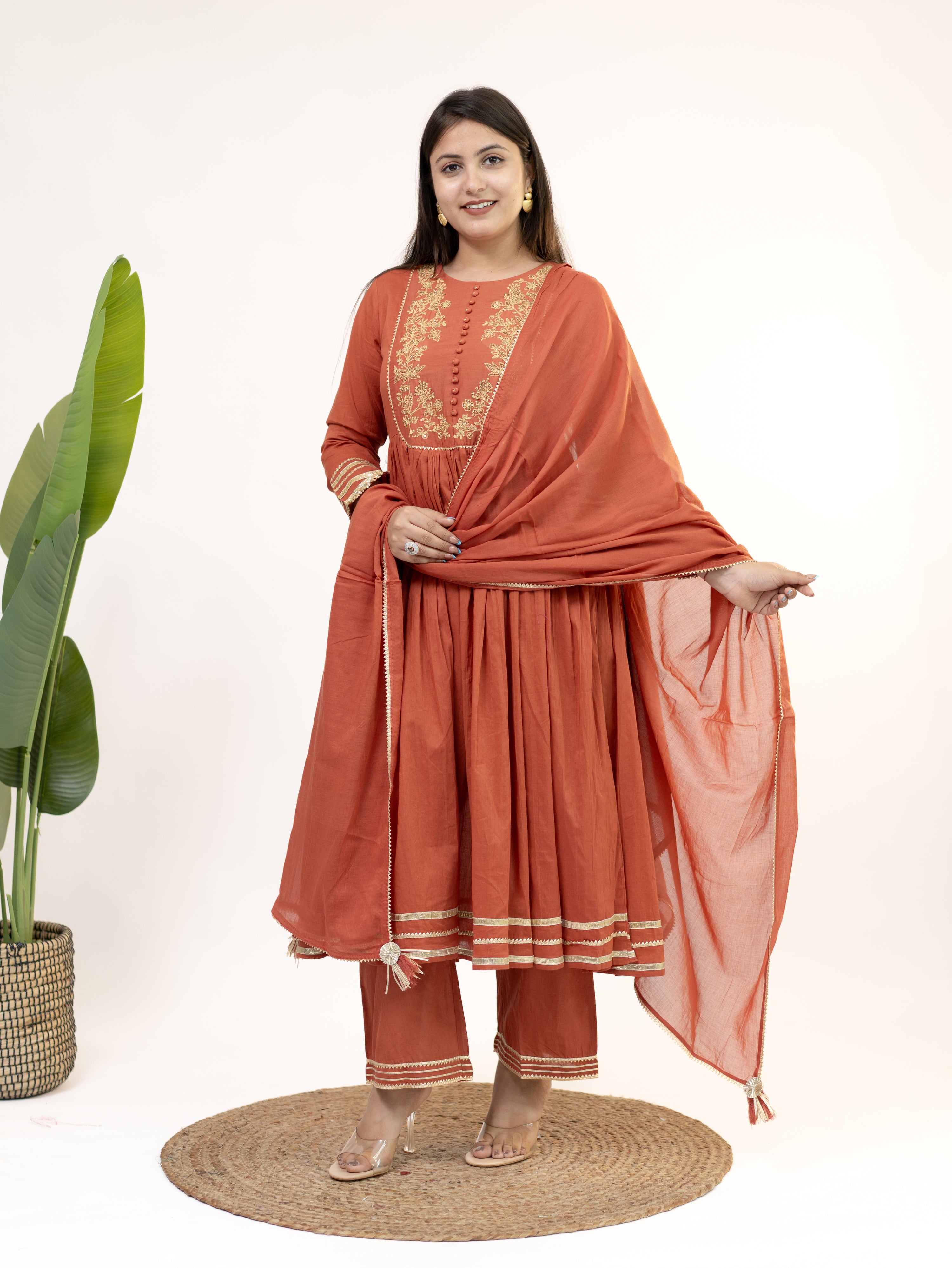 Mocha Rust Mul Cotton Embroidered Gotta Detailed Dupatta Set