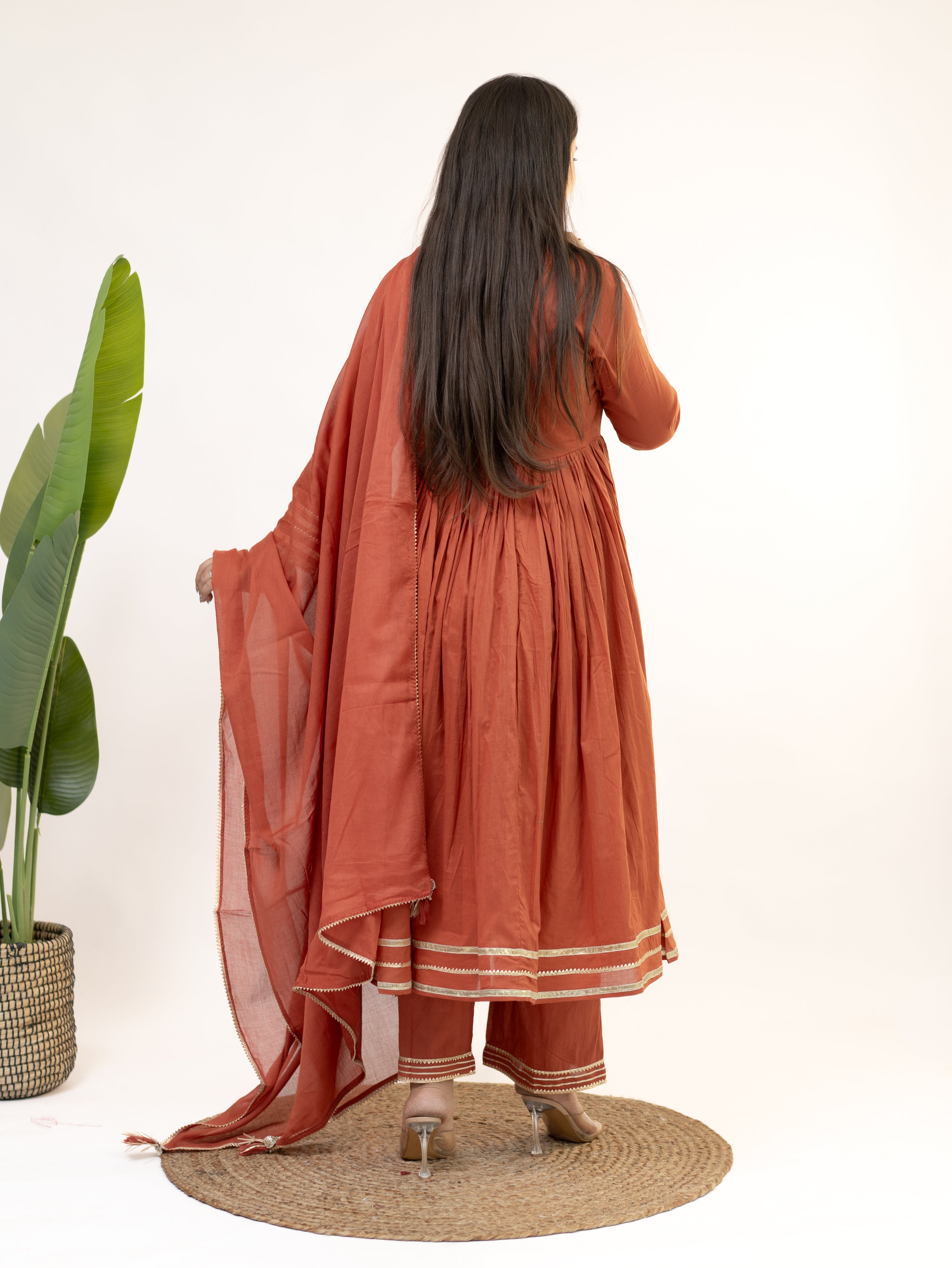 Mocha Rust Mul Cotton Embroidered Gotta Detailed Dupatta Set
