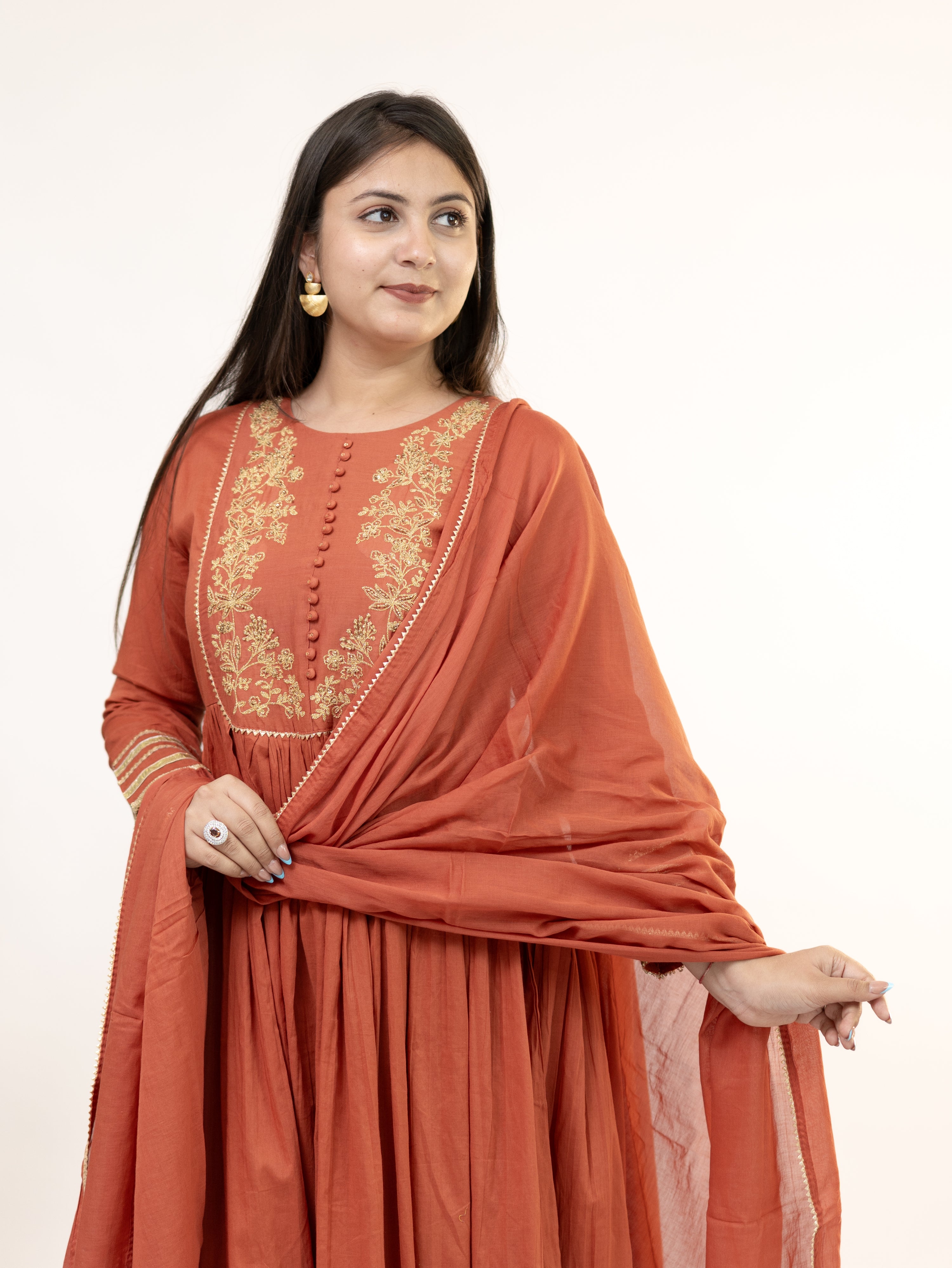 Mocha Rust Mul Cotton Embroidered Gotta Detailed Dupatta Set