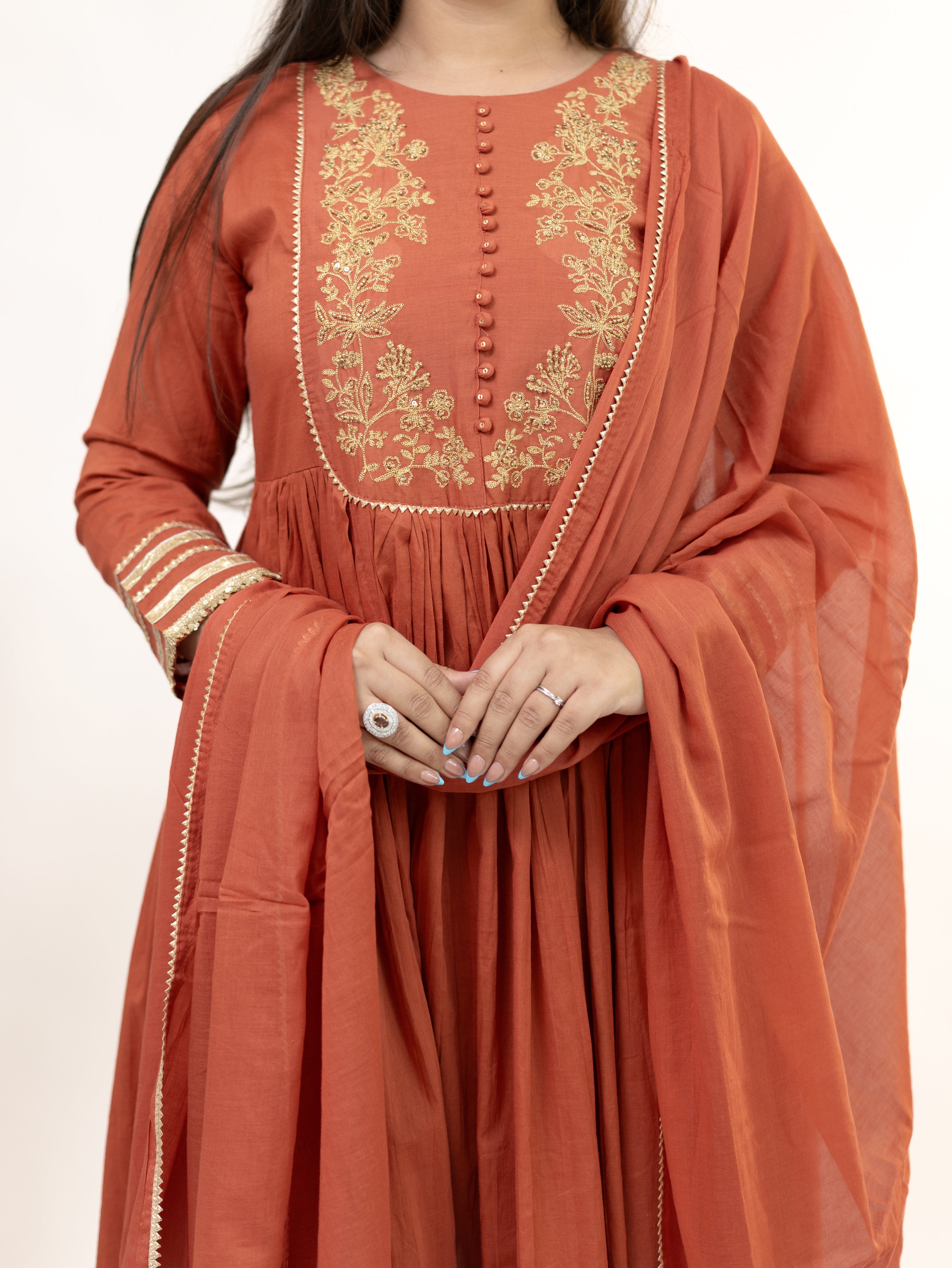 Mocha Rust Mul Cotton Embroidered Gotta Detailed Dupatta Set