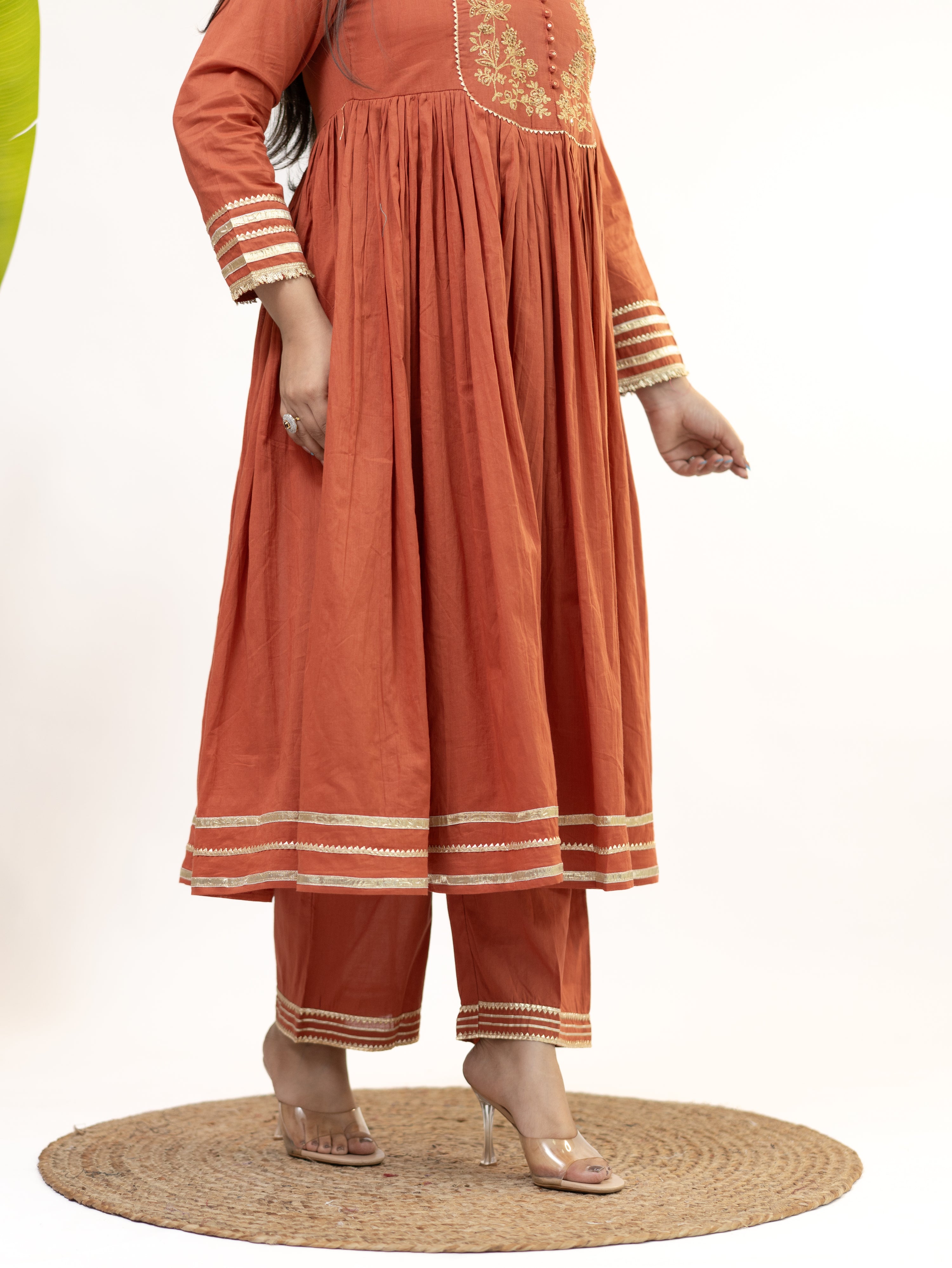 Mocha Rust Mul Cotton Embroidered Gotta Detailed Dupatta Set